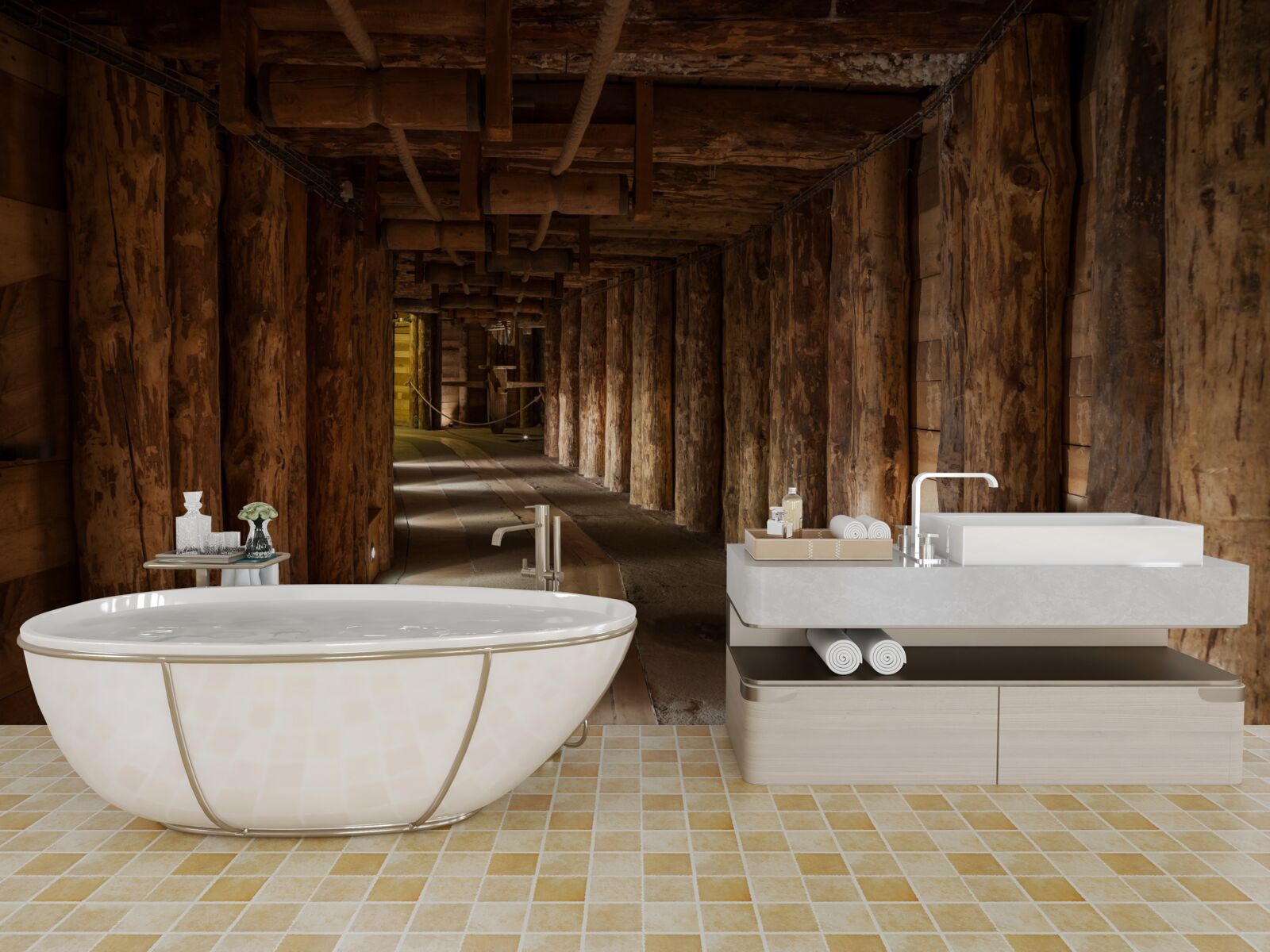 Fototapeta podziemny tunel wykonany z drewna