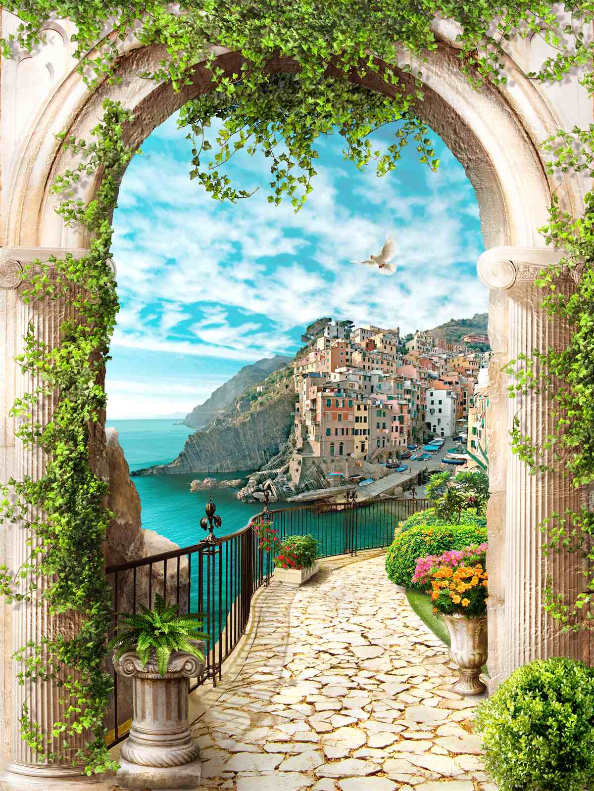 Fototapeta kamienny łuk i droga prowadząca do miasta