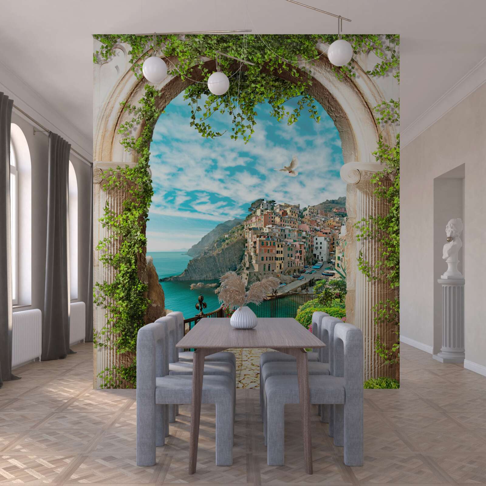 Fototapeta kamienny łuk i droga prowadząca do miasta