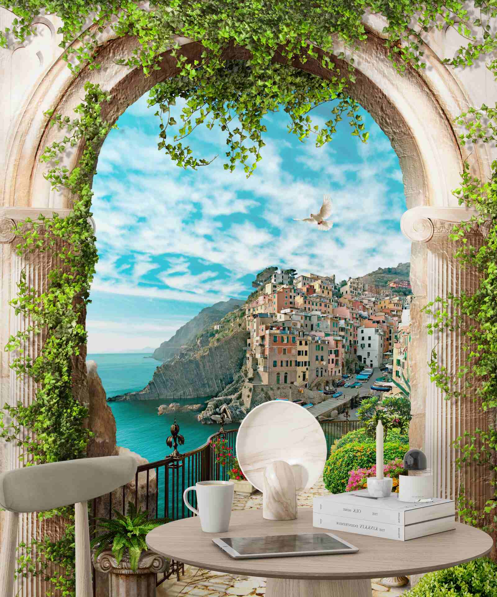 Fototapeta kamienny łuk i droga prowadząca do miasta