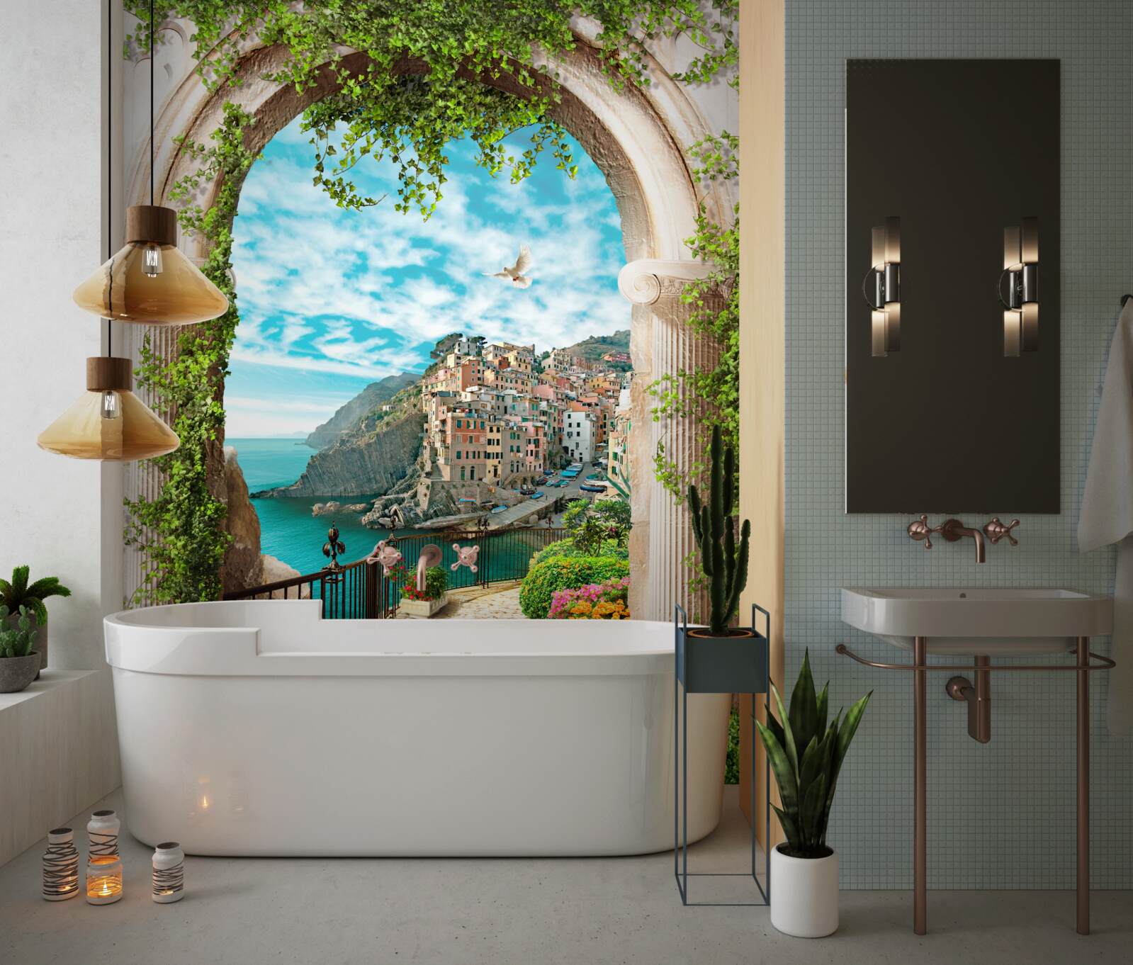 Fototapeta kamienny łuk i droga prowadząca do miasta