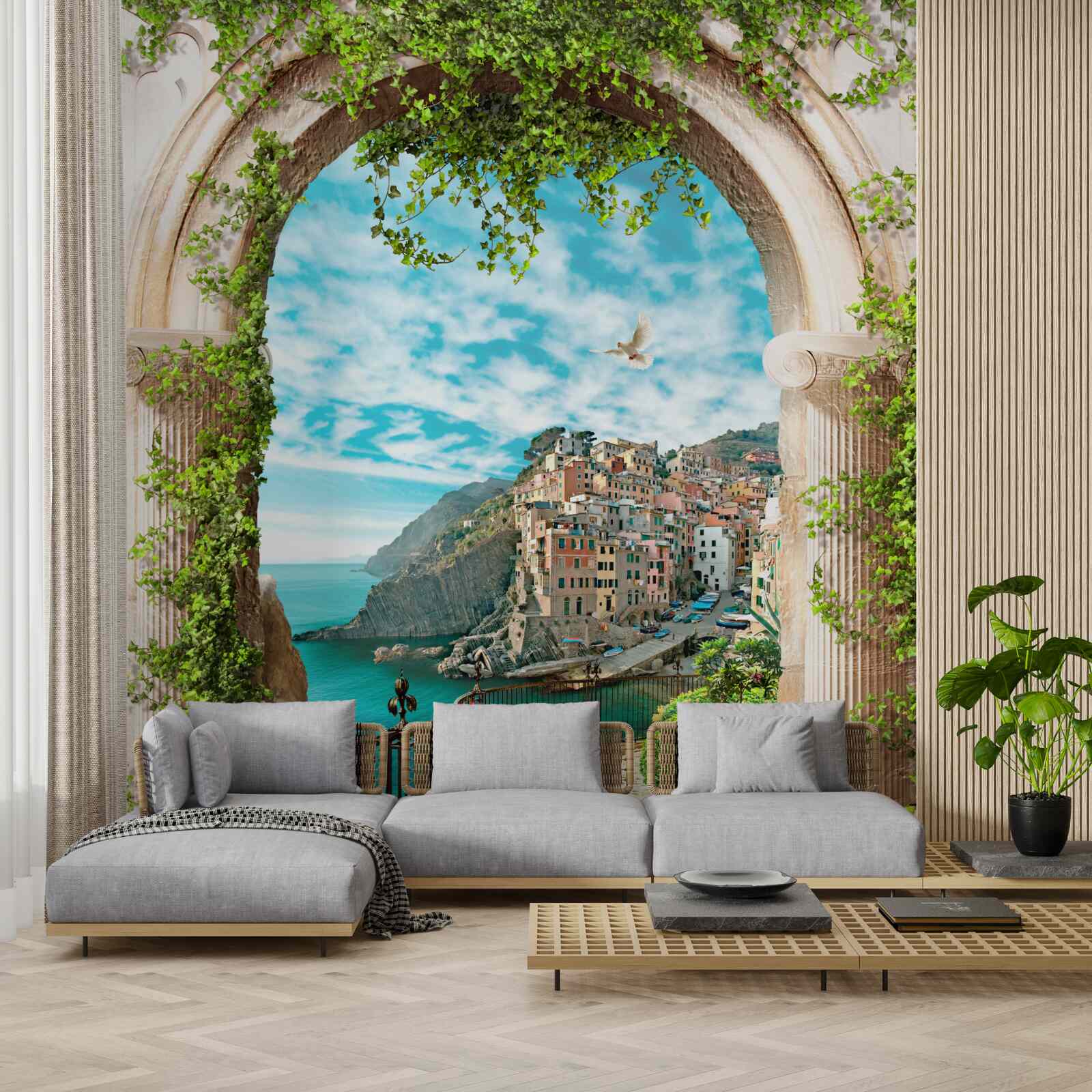 Fototapeta kamienny łuk i droga prowadząca do miasta