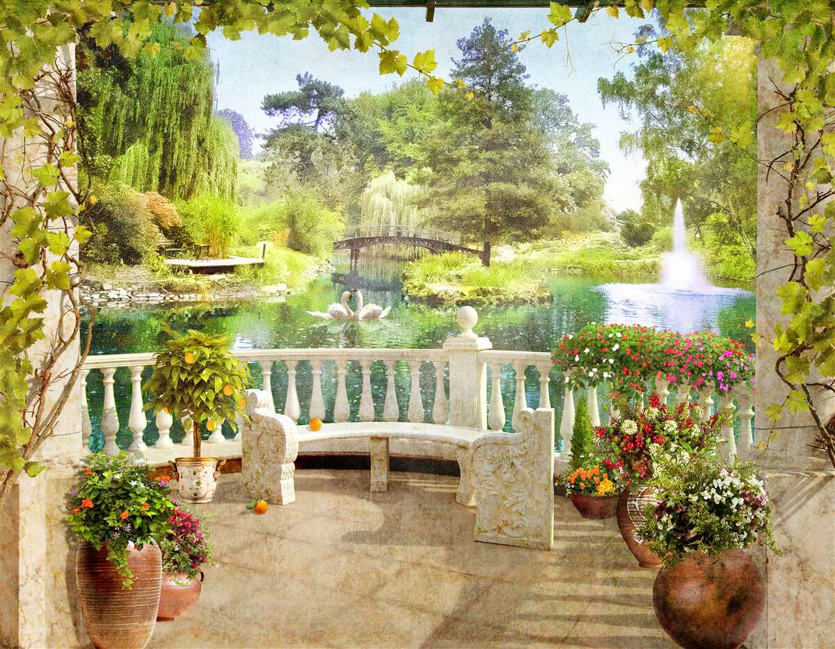 Fototapeta Łabędzie nad jeziorem na tarasie