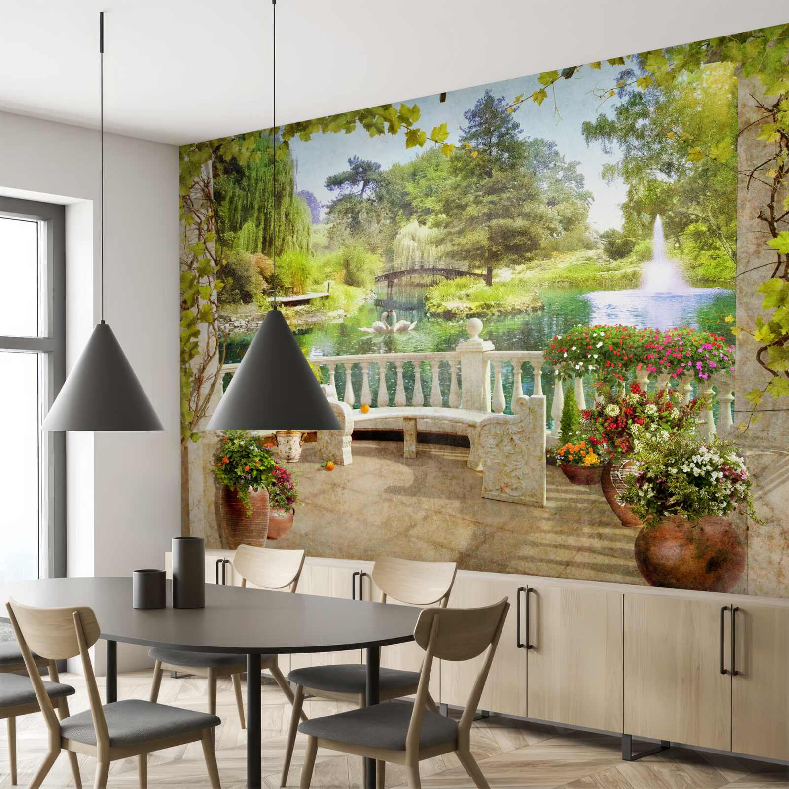 Fototapeta Łabędzie nad jeziorem na tarasie