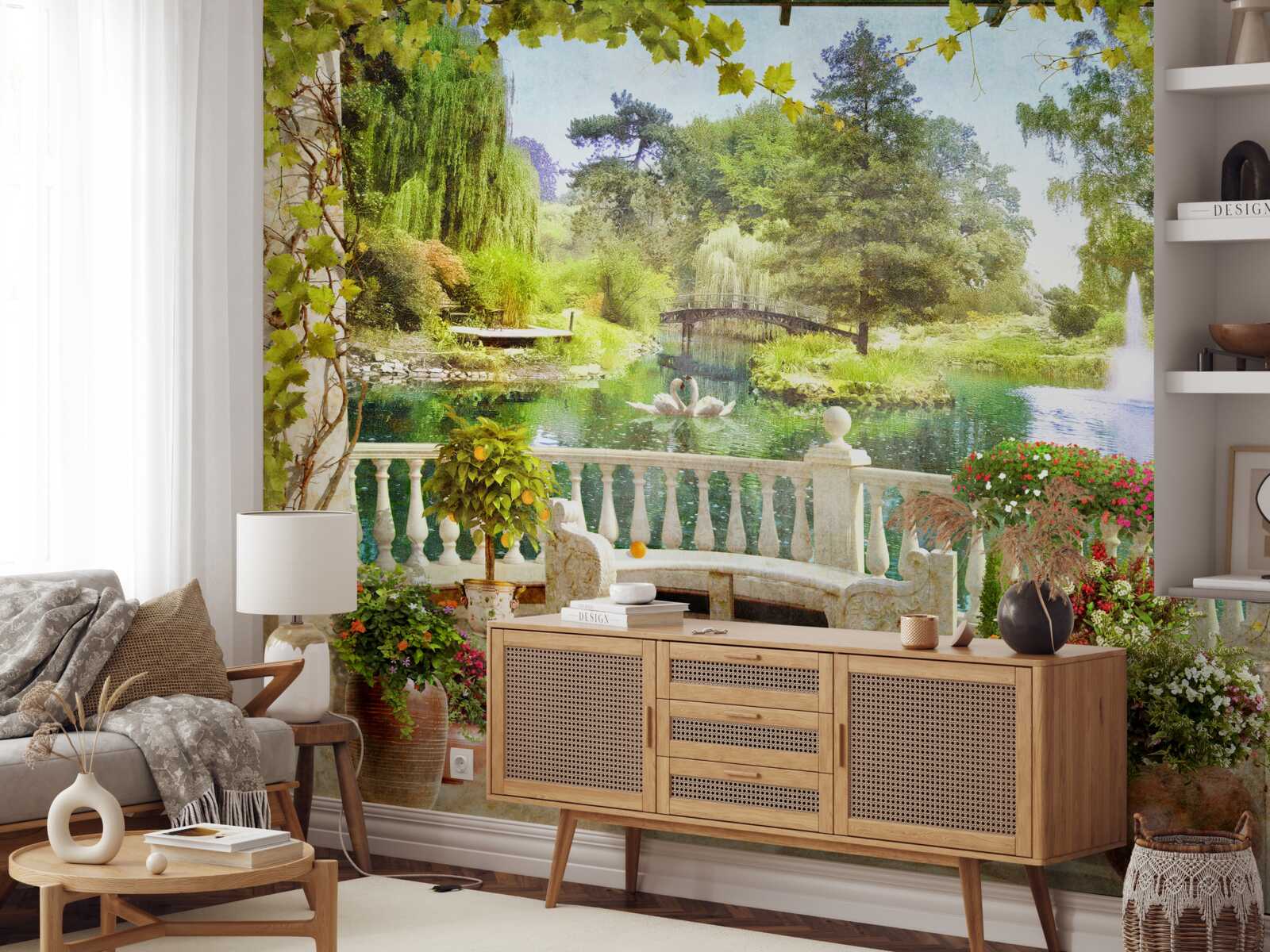 Fototapeta Łabędzie nad jeziorem na tarasie