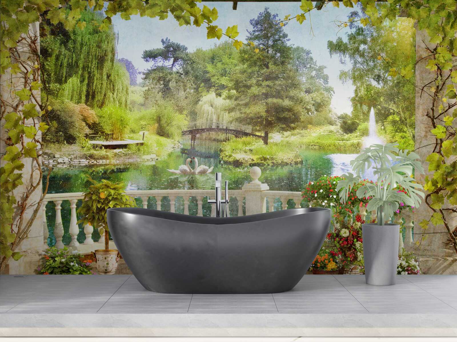 Fototapeta Łabędzie nad jeziorem na tarasie