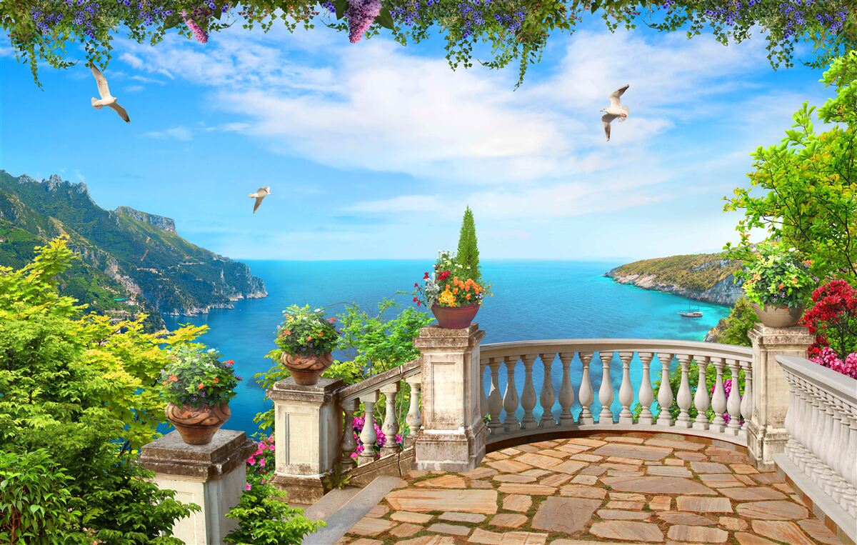 Fototapeta balkon z komfortowym otoczeniem, z widokiem na głębię morza i szczyty górskie