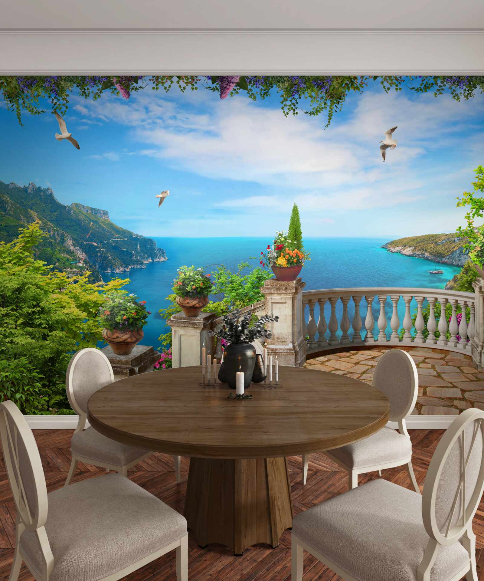 Fototapeta balkon z komfortowym otoczeniem, z widokiem na głębię morza i szczyty górskie