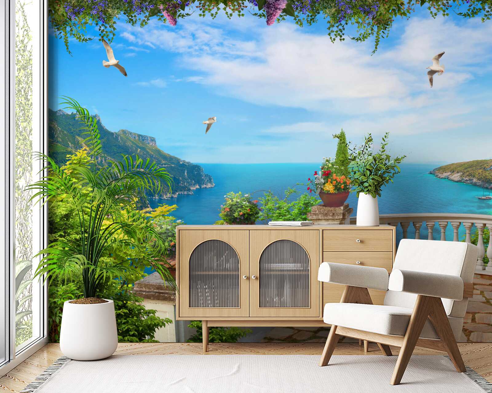 Fototapeta balkon z komfortowym otoczeniem, z widokiem na głębię morza i szczyty górskie