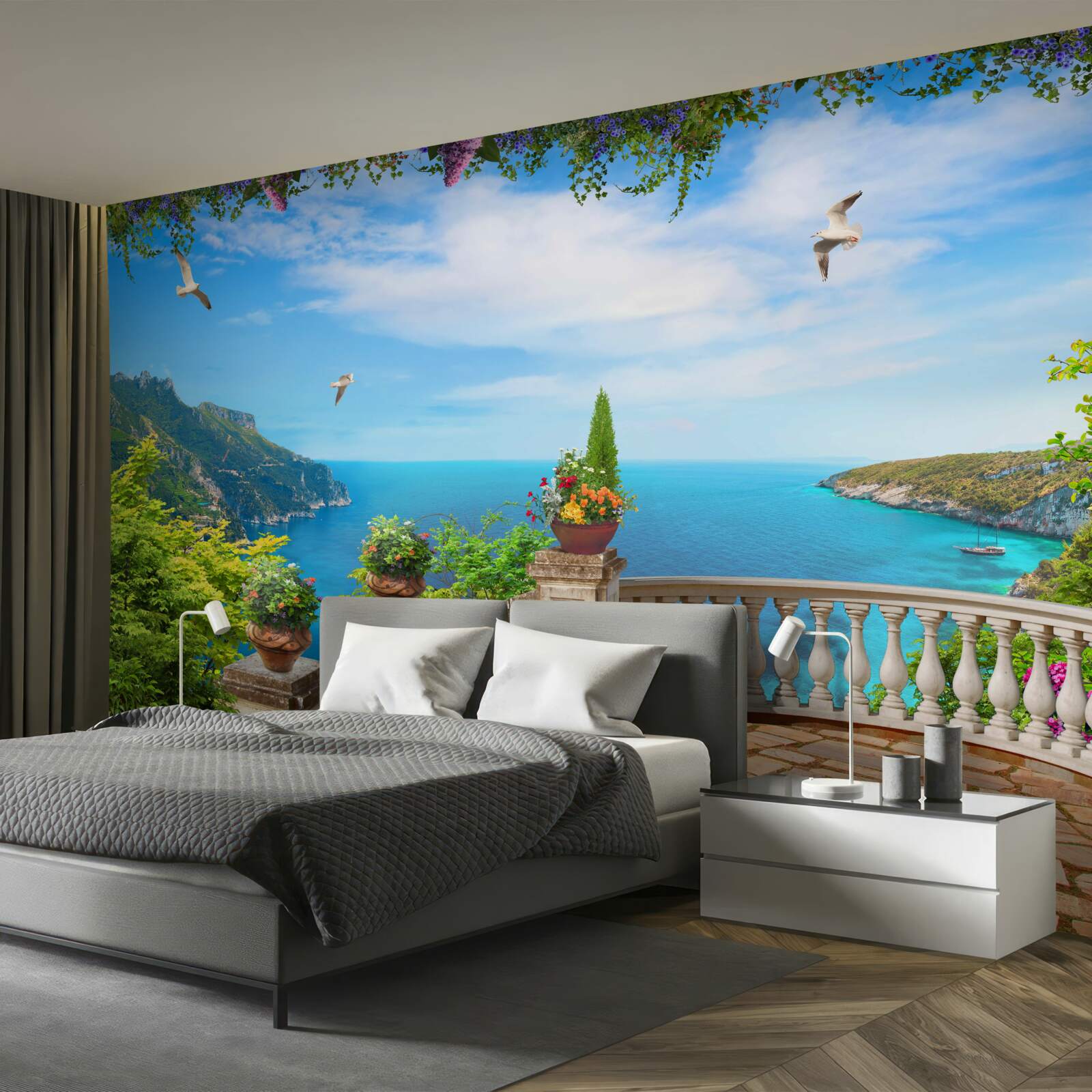 Fototapeta balkon z komfortowym otoczeniem, z widokiem na głębię morza i szczyty górskie