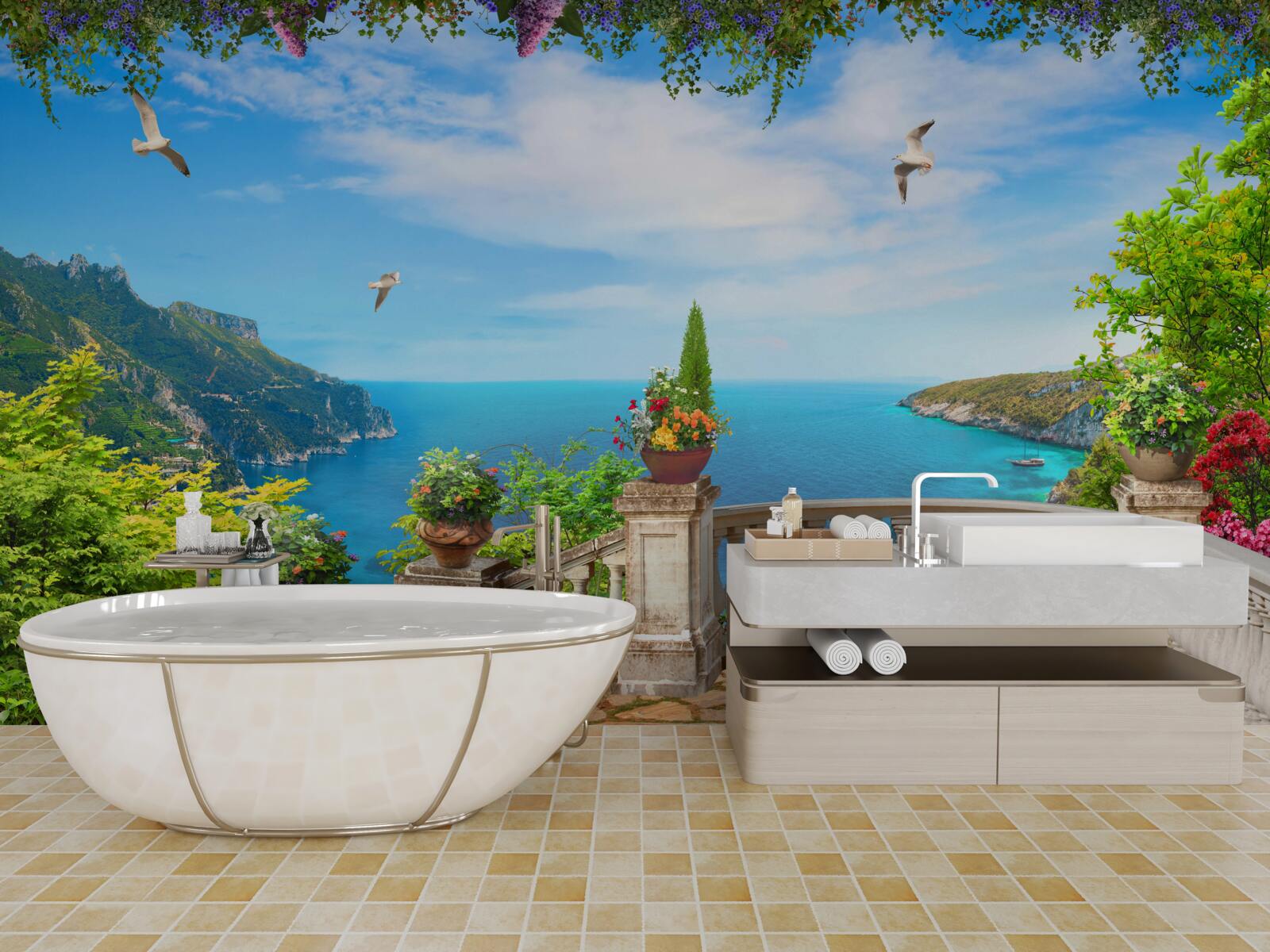 Fototapeta balkon z komfortowym otoczeniem, z widokiem na głębię morza i szczyty górskie