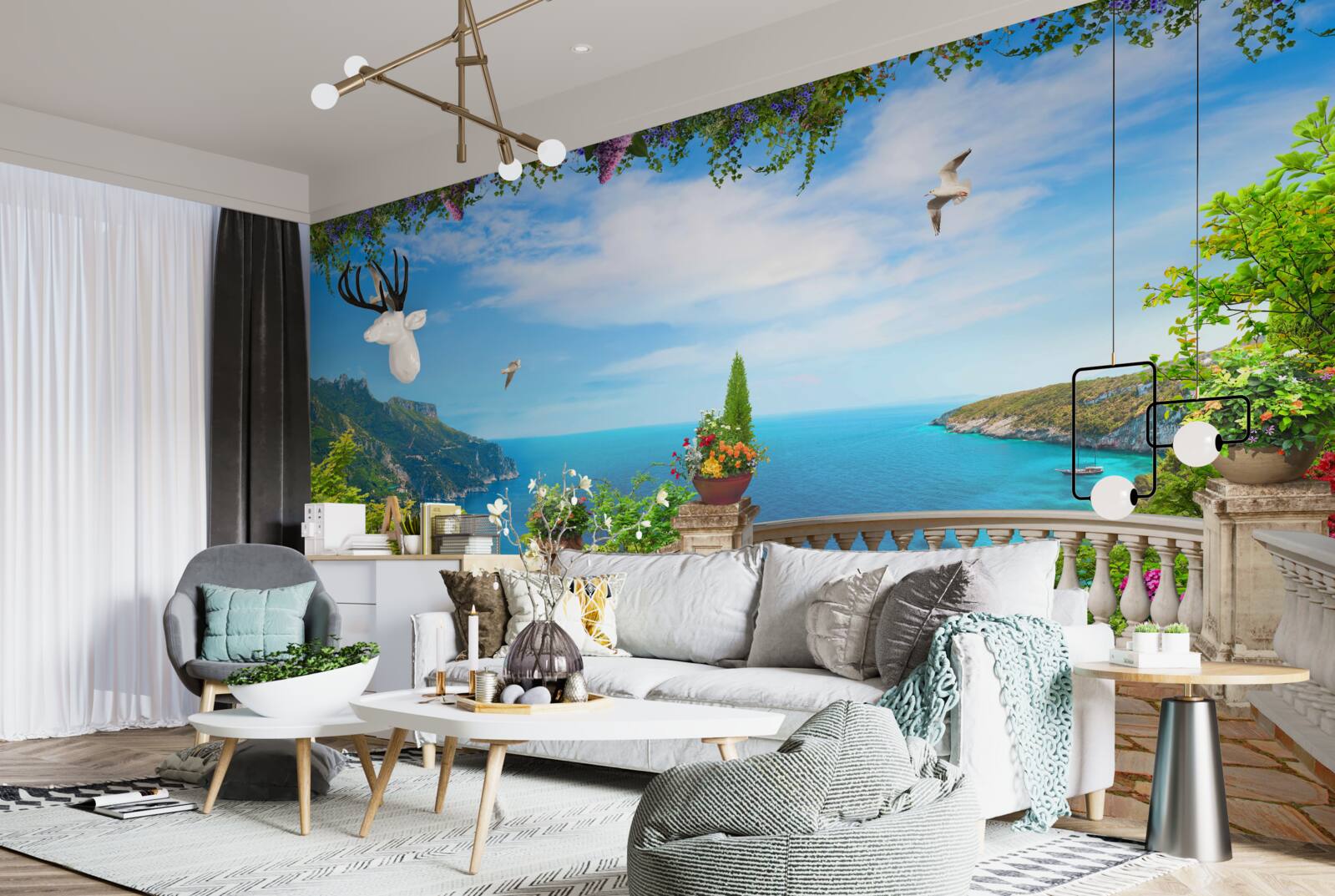 Fototapeta balkon z komfortowym otoczeniem, z widokiem na głębię morza i szczyty górskie