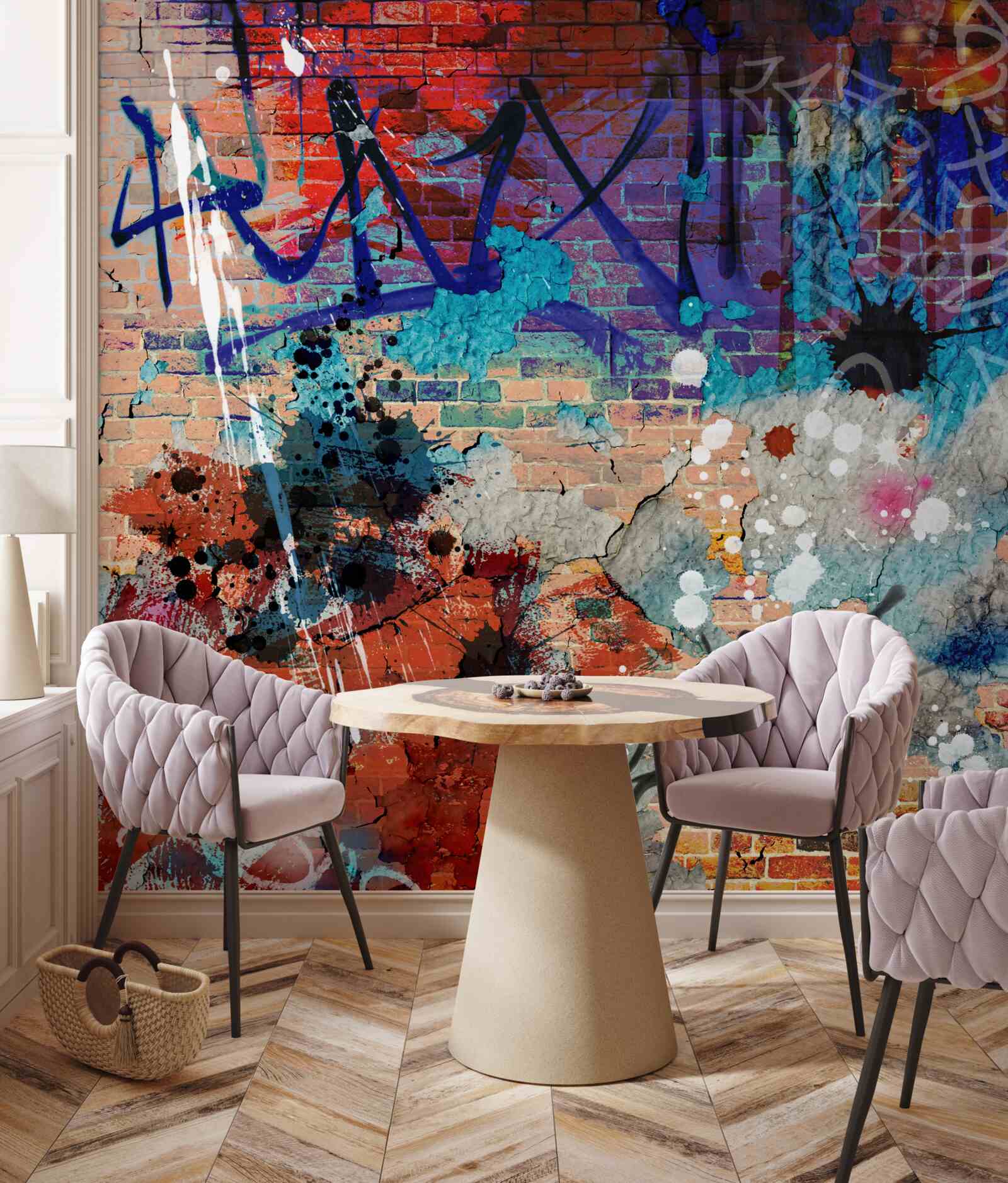 Fototapeta wielokolorowy wzór graffiti na ścianie z czerwonej cegły