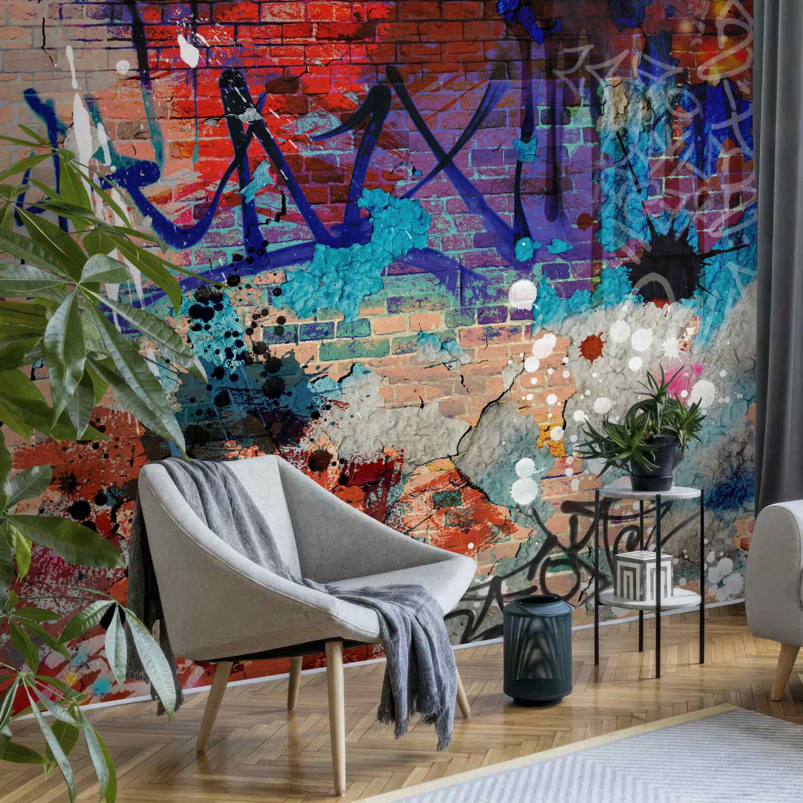 Fototapeta wielokolorowy wzór graffiti na ścianie z czerwonej cegły