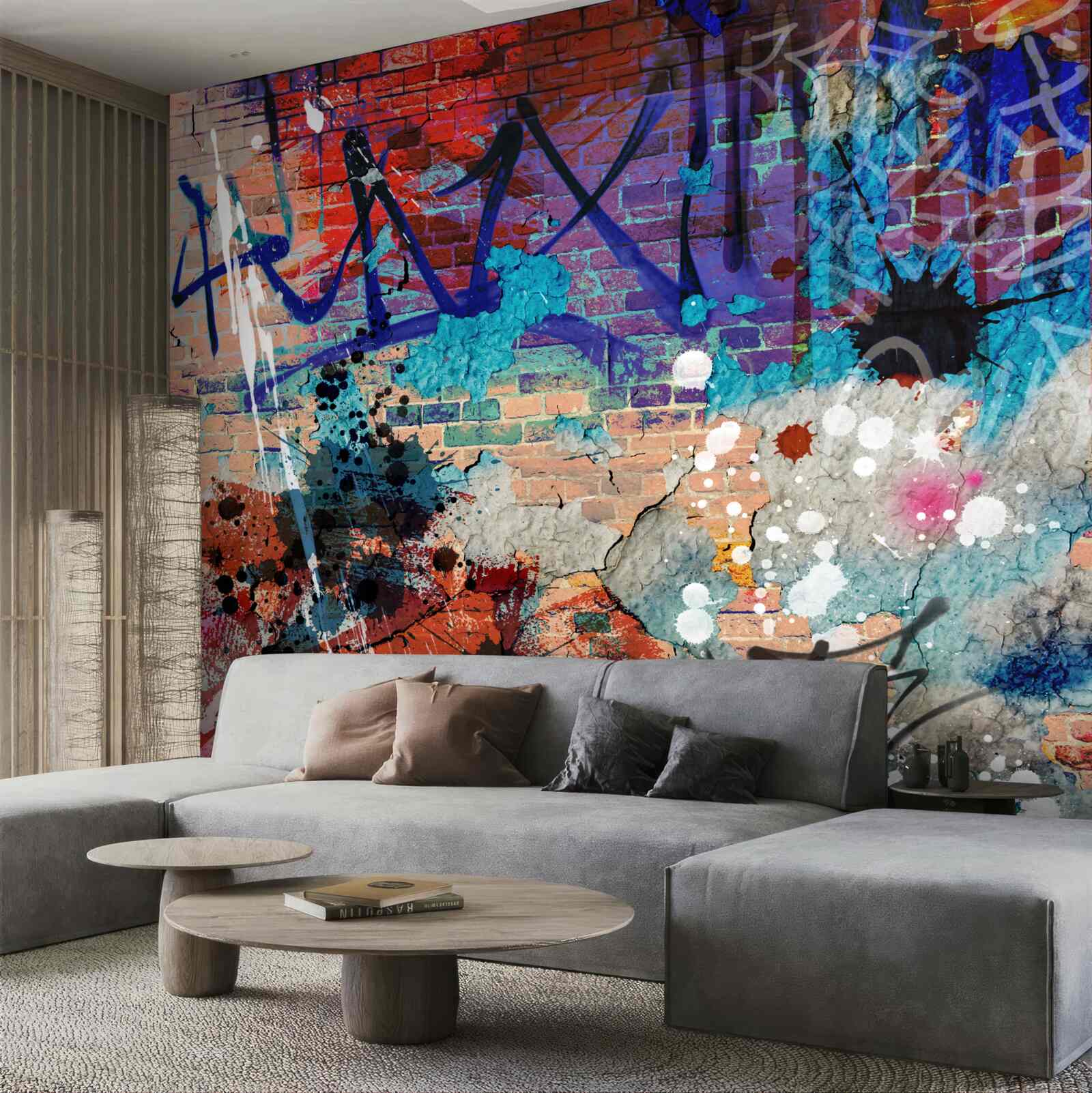 Fototapeta wielokolorowy wzór graffiti na ścianie z czerwonej cegły