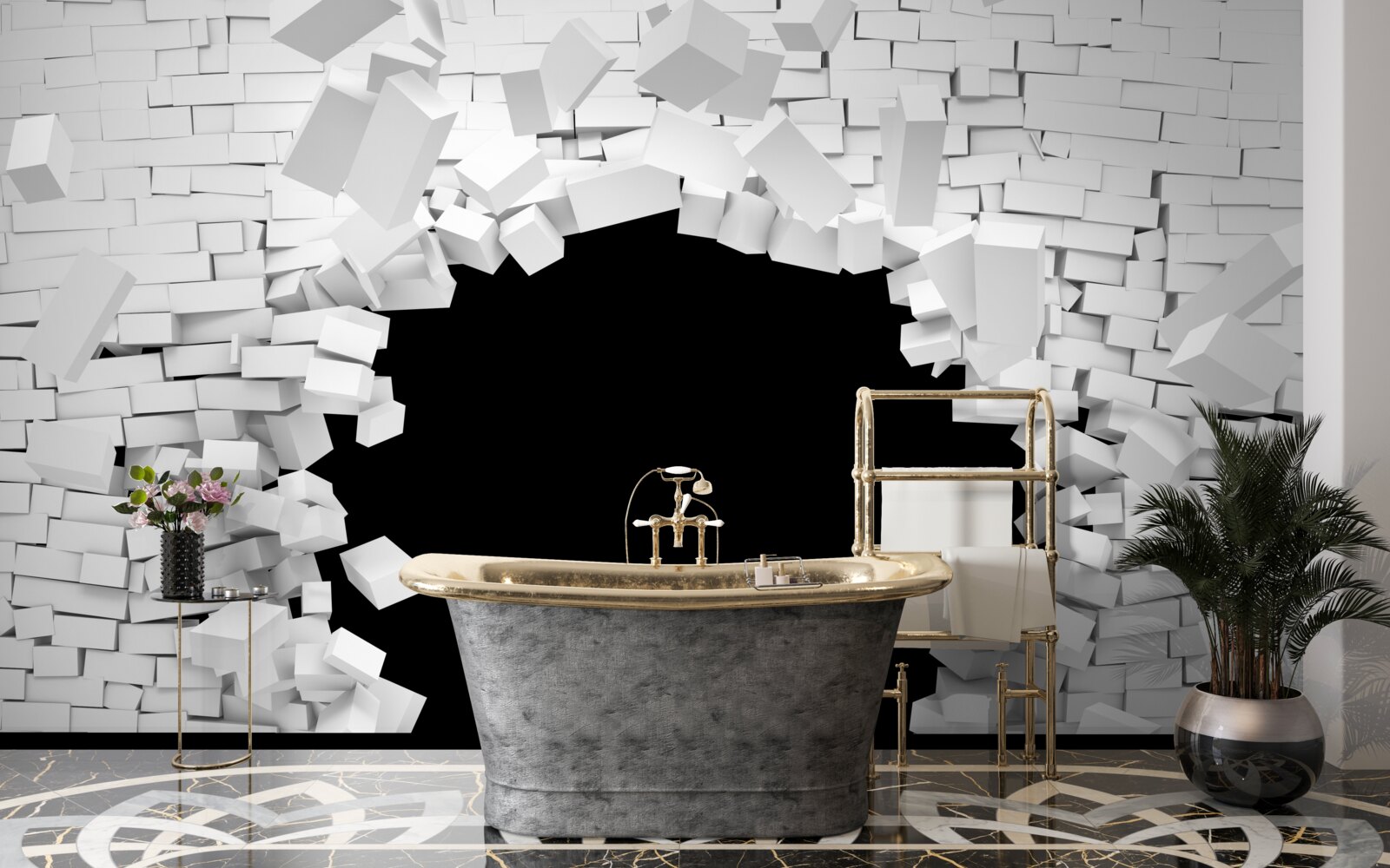 Fototapeta ciemna dziura w jasnej ceglanej ścianie