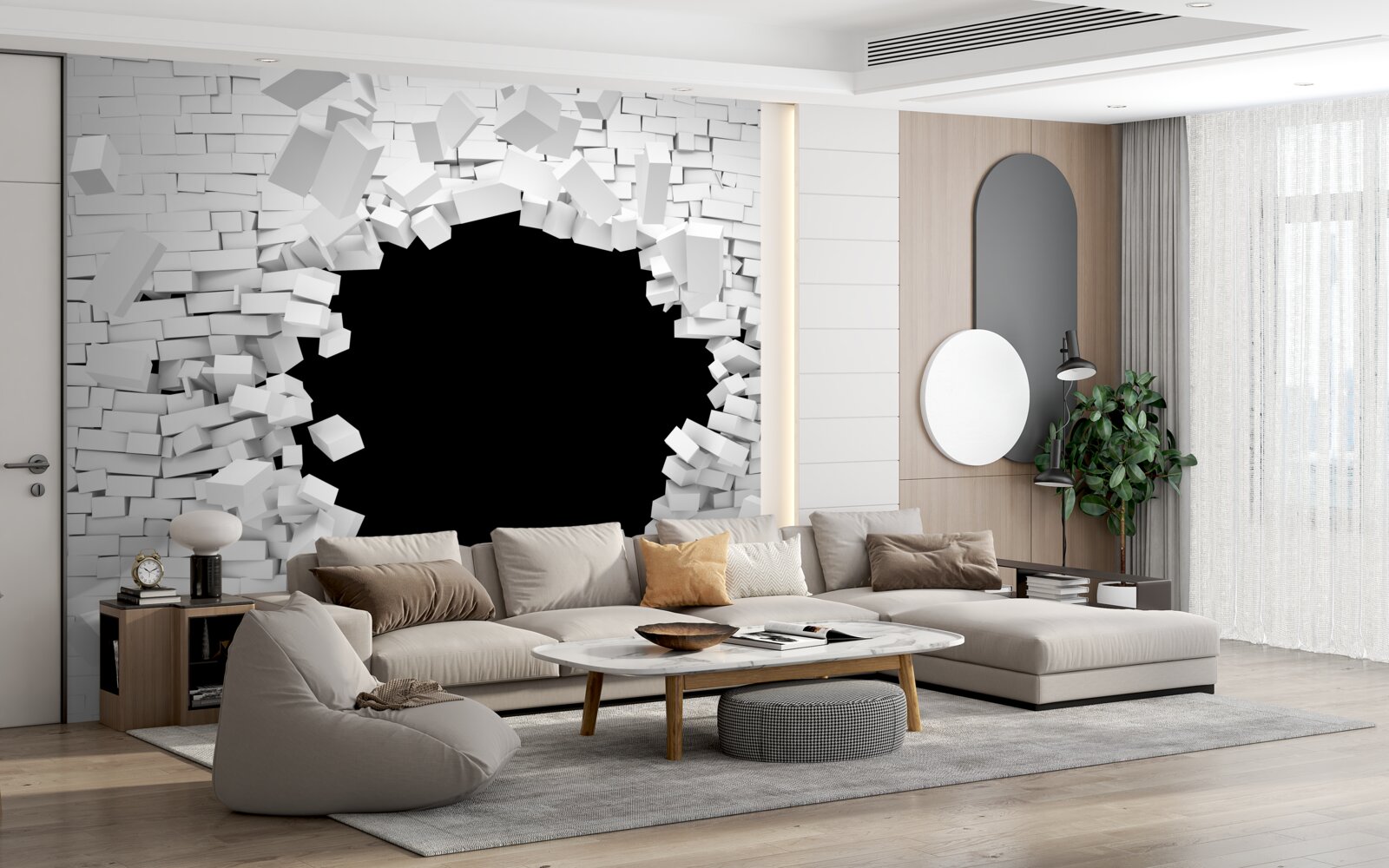 Fototapeta ciemna dziura w jasnej ceglanej ścianie