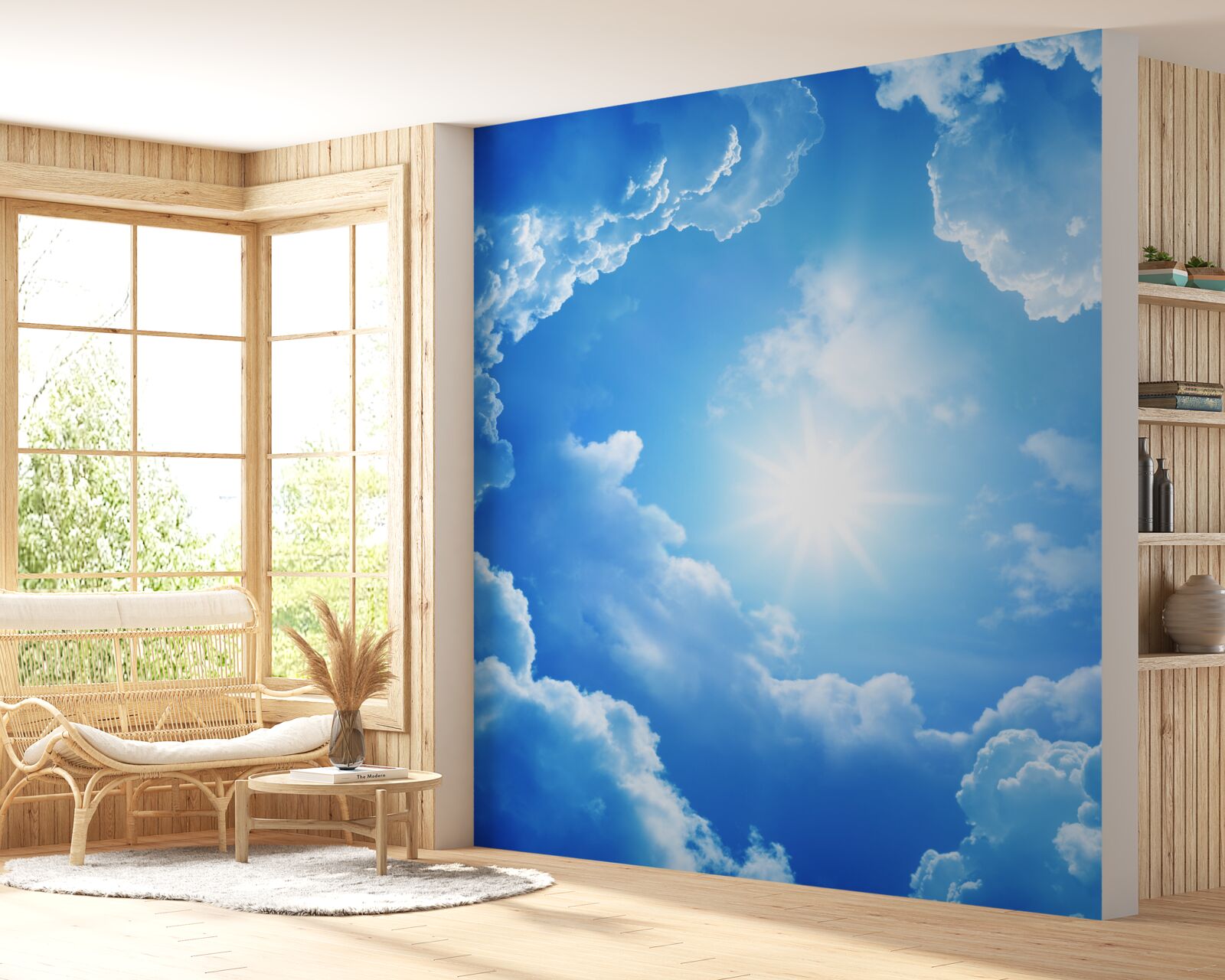 Fototapeta Świecące słońce znajduje się w samym środku lazurowego nieba