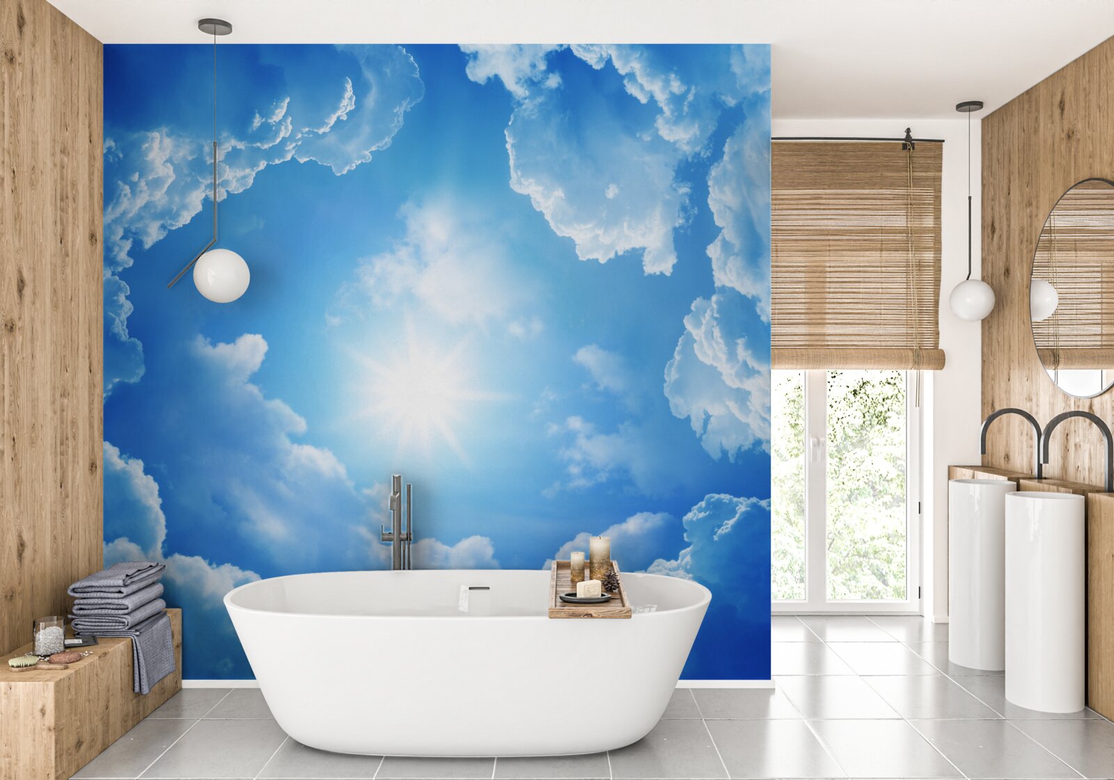 Fototapeta Świecące słońce znajduje się w samym środku lazurowego nieba