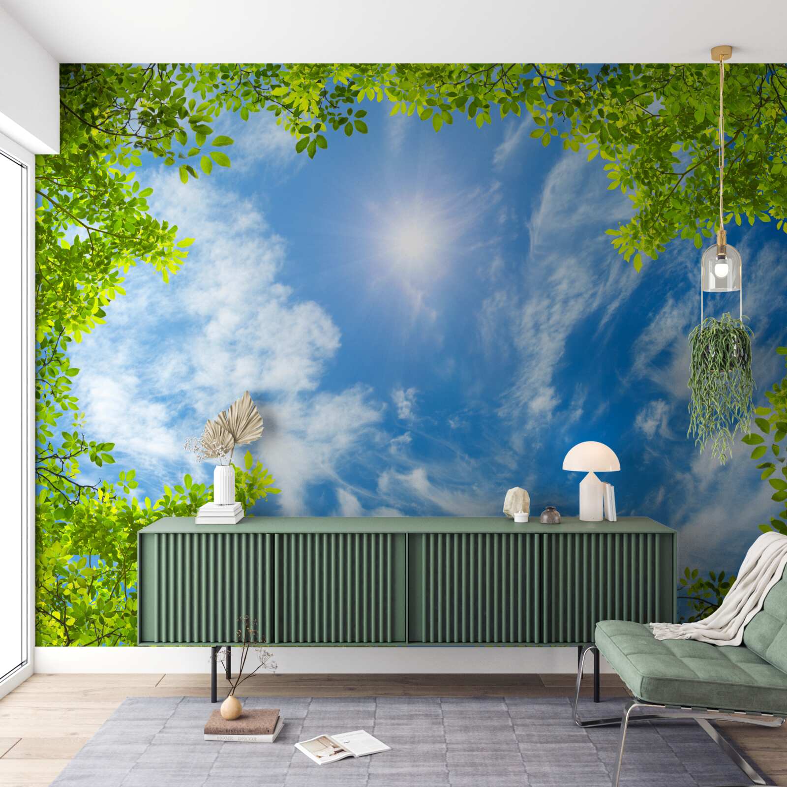 Fototapeta zieleń, w której pogrzebane jest słońce i błękit nieba