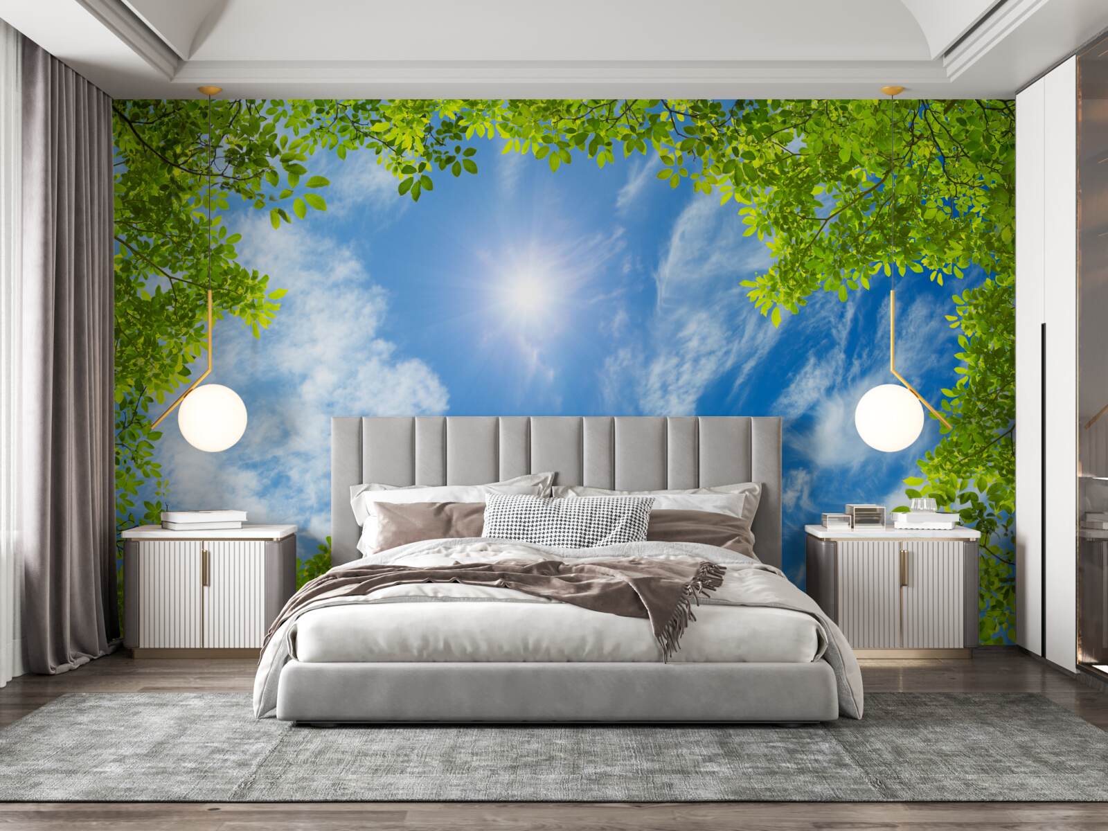 Fototapeta zieleń, w której pogrzebane jest słońce i błękit nieba