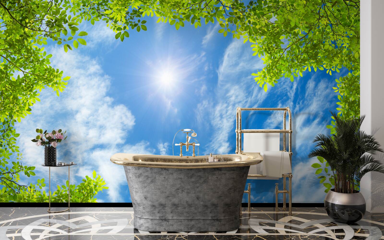 Fototapeta zieleń, w której pogrzebane jest słońce i błękit nieba