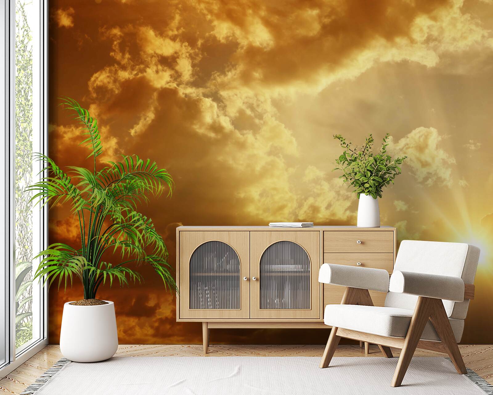 Fototapeta promienie słoneczne przebijające się przez chmury o zachodzie słońca emitują ciepło