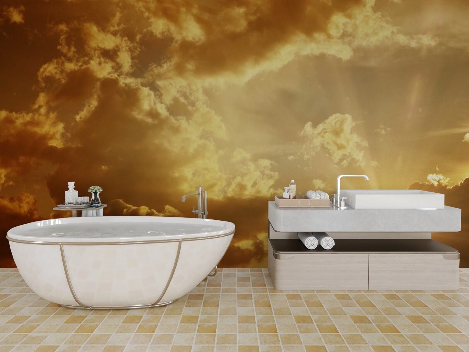 Fototapeta promienie słoneczne przebijające się przez chmury o zachodzie słońca emitują ciepło