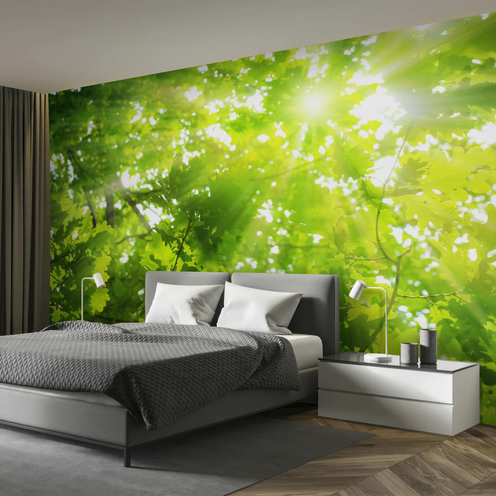 Fototapeta promienie słońca świecące w zielonym zaroślu