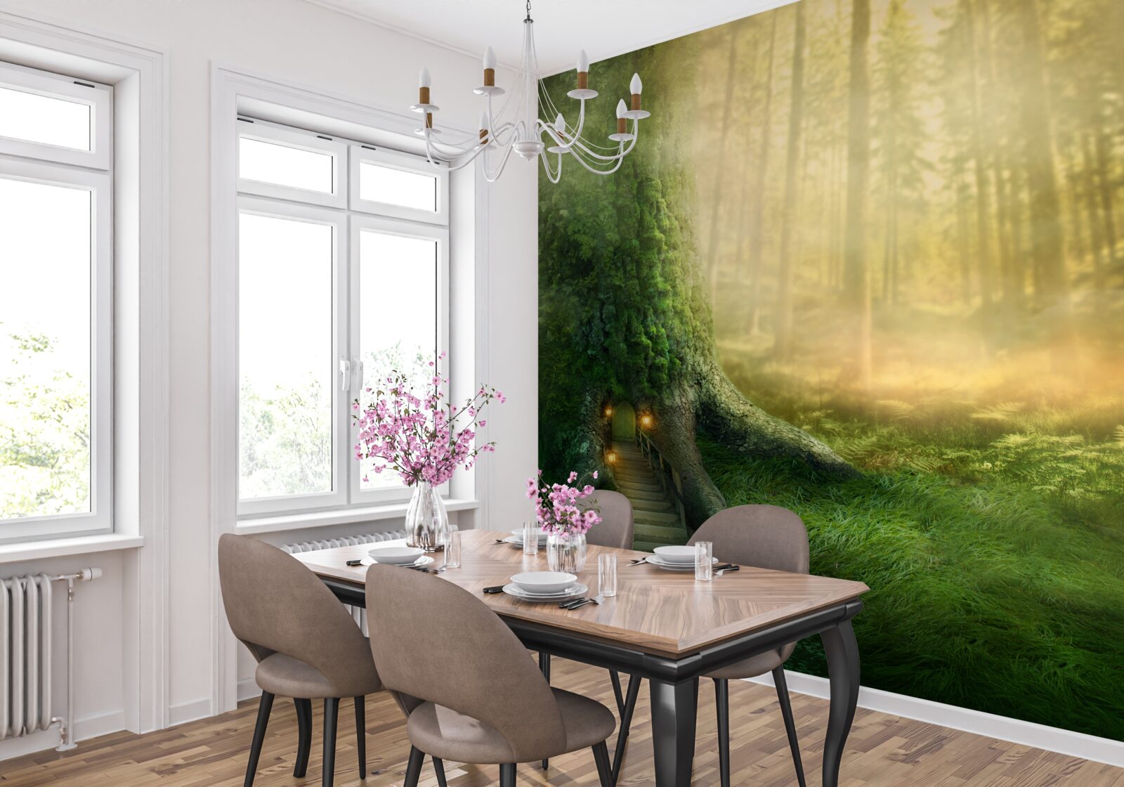 Fototapeta zielony las spowity jest gęstą mgłą