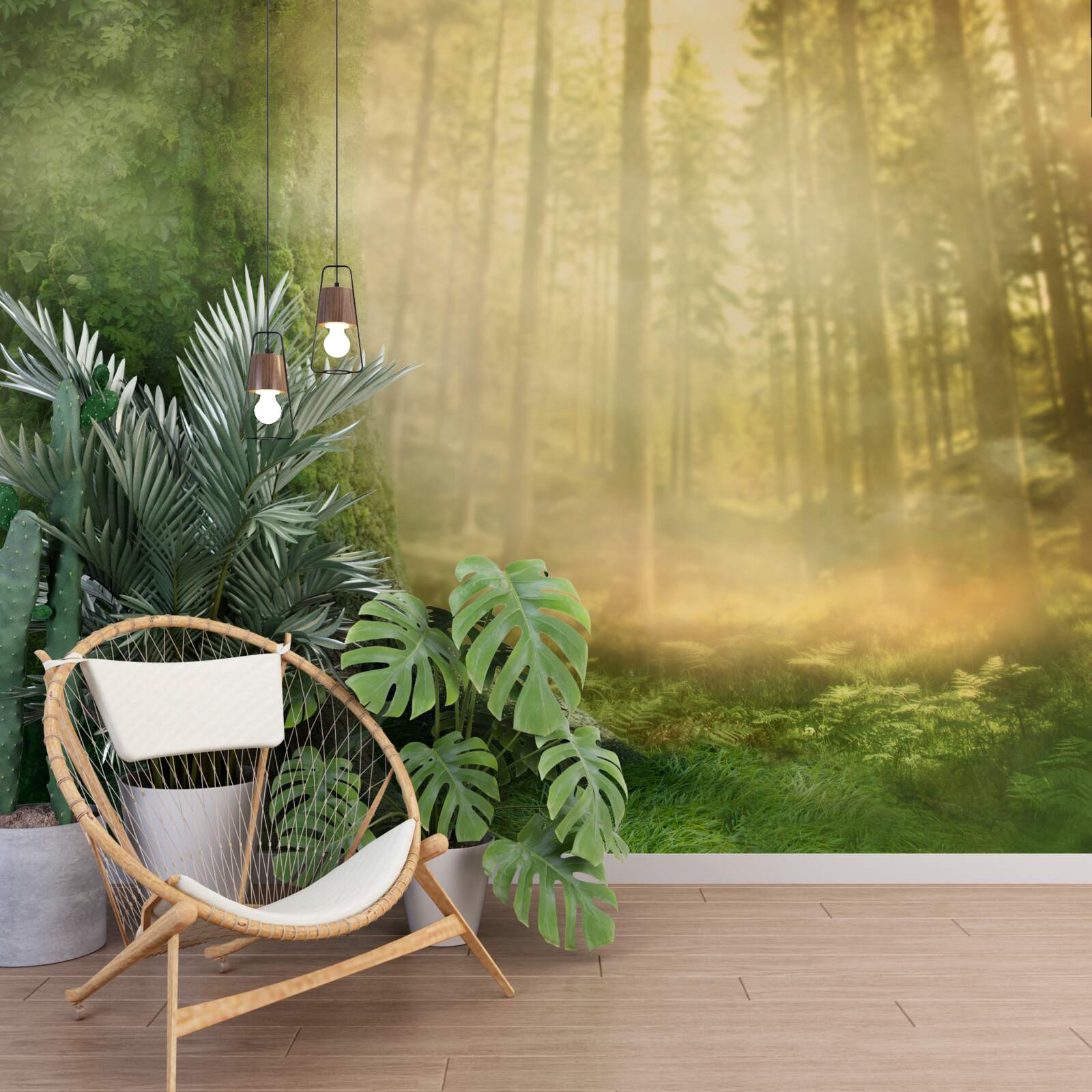 Fototapeta zielony las spowity jest gęstą mgłą