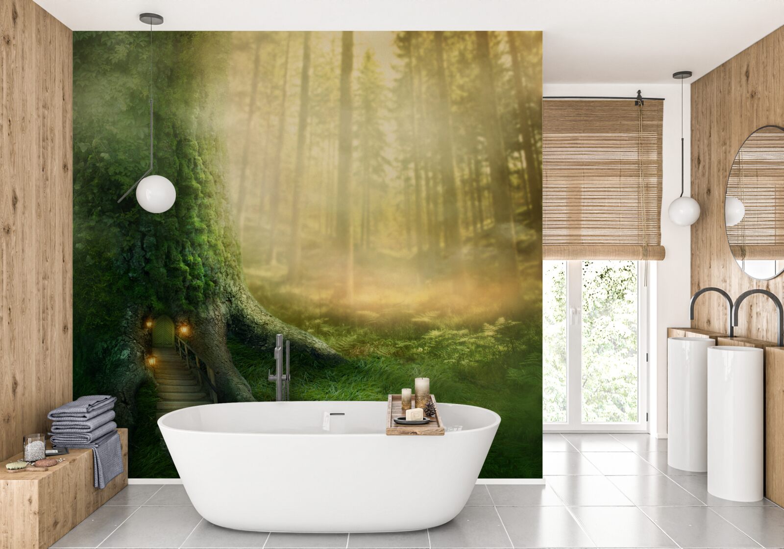 Fototapeta zielony las spowity jest gęstą mgłą