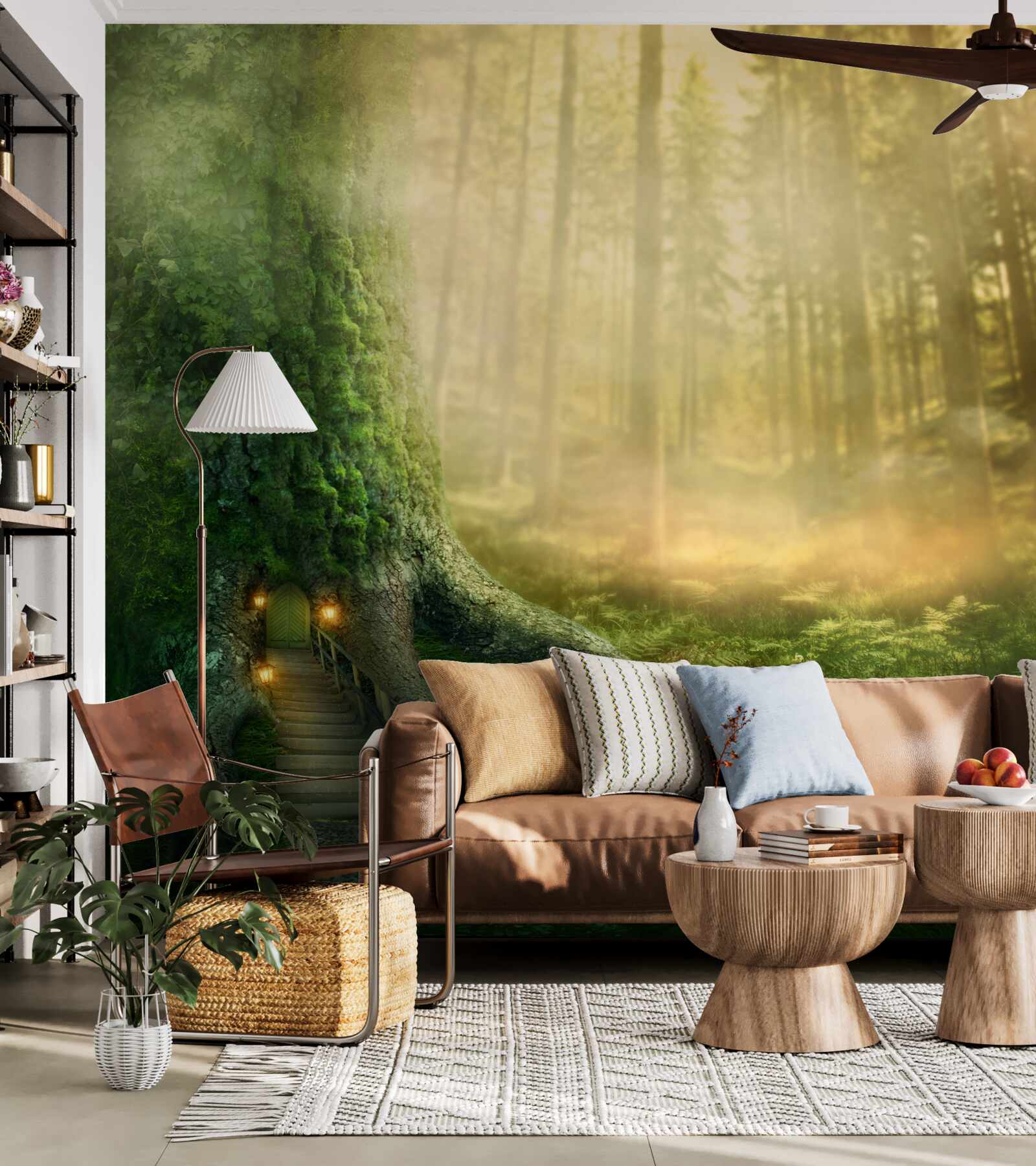 Fototapeta zielony las spowity jest gęstą mgłą