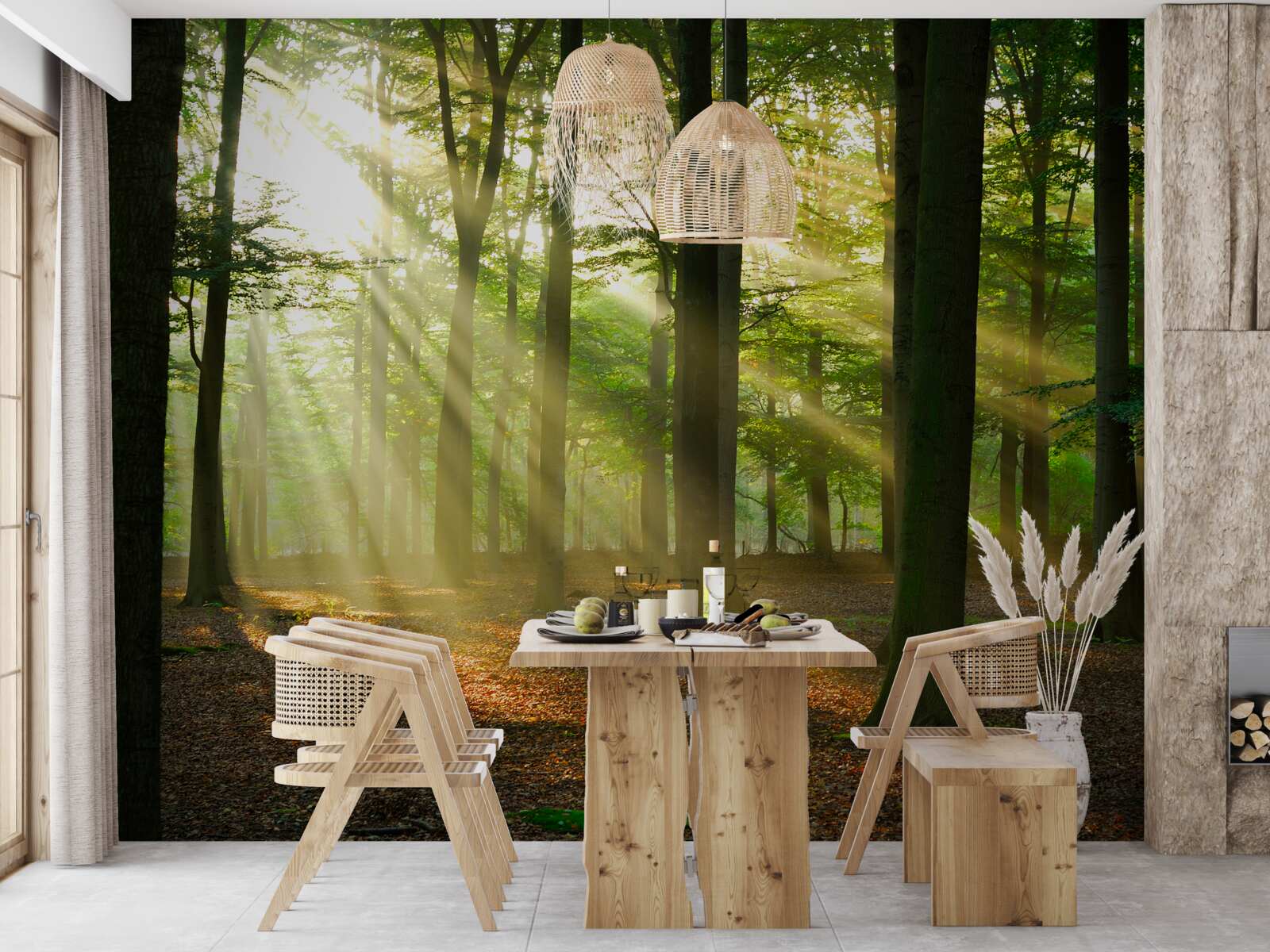 Fototapeta promienie słońca przenikają przez poranną mgłę na pustyni