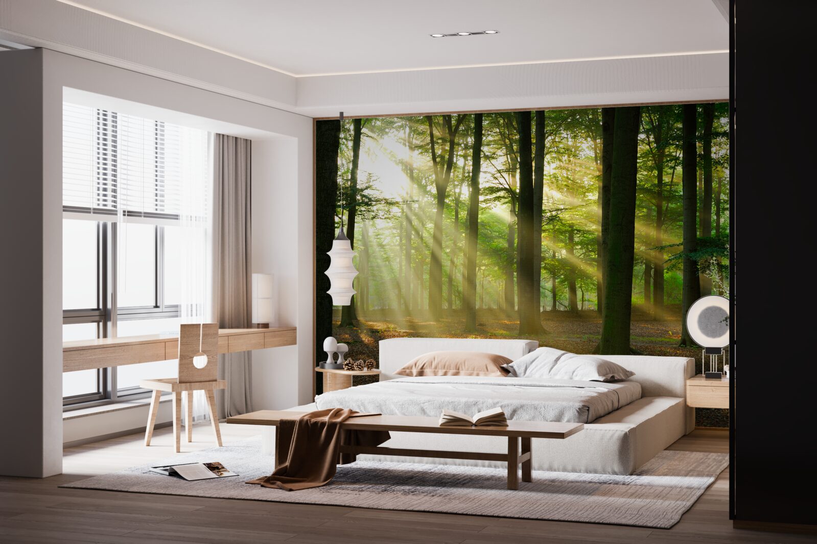 Fototapeta promienie słońca przenikają przez poranną mgłę na pustyni