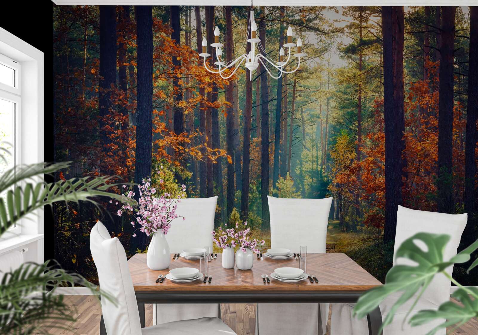 Fototapeta promień słońca w jesiennym lesie