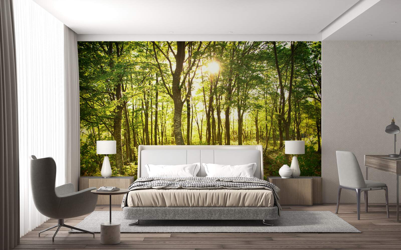 Fototapeta promienie słońca oświetlają osikowy gaj