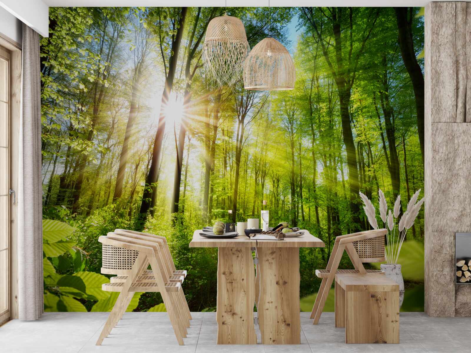 Fototapeta poranne promienie słońca w zielonym lesie