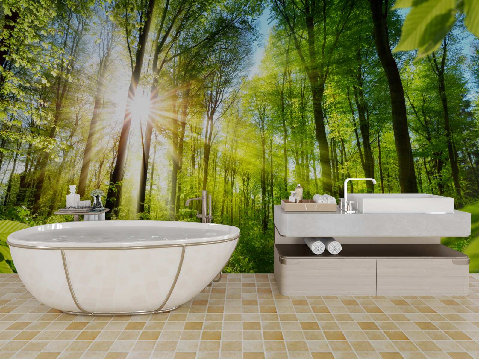 Fototapeta poranne promienie słońca w zielonym lesie