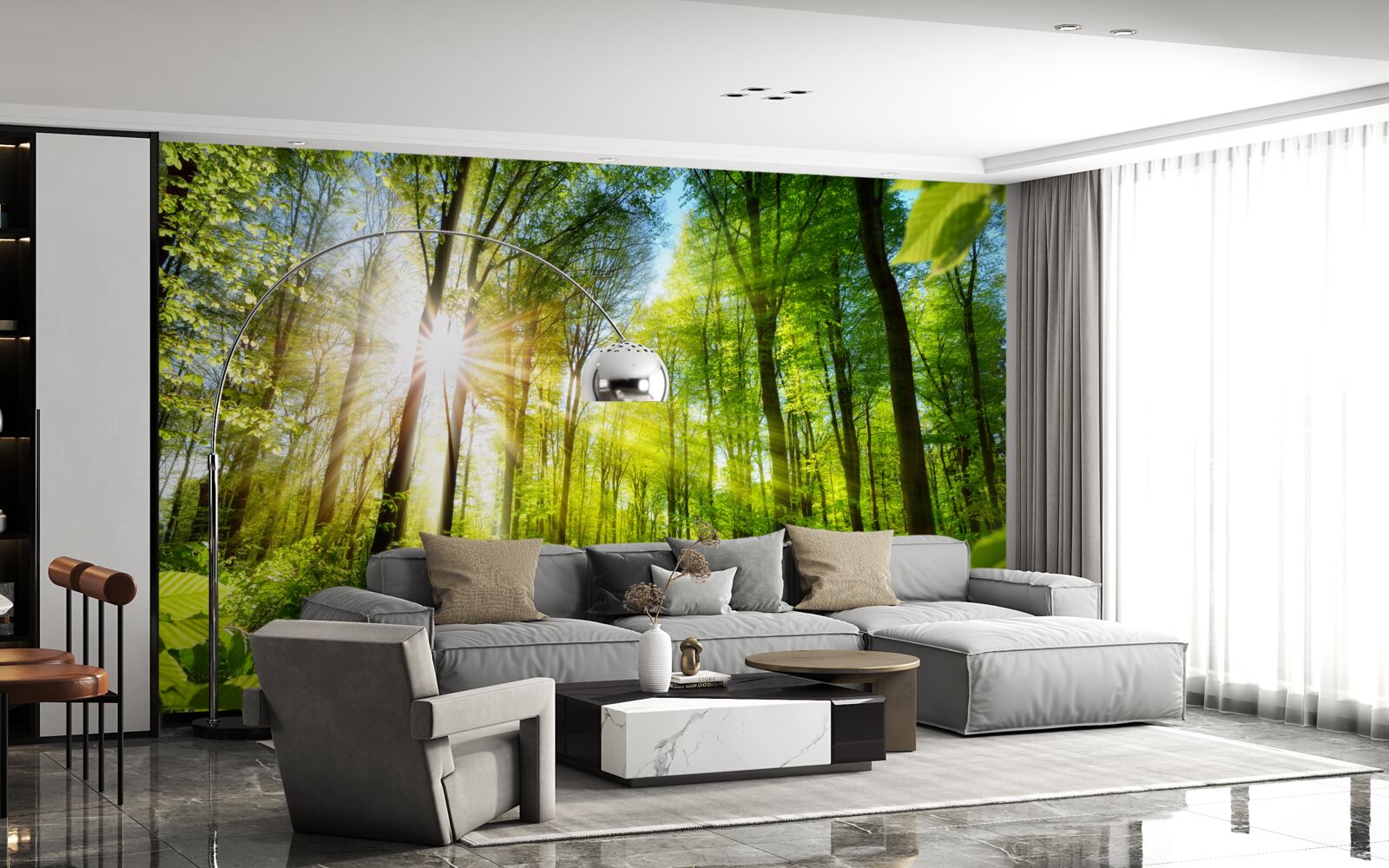 Fototapeta poranne promienie słońca w zielonym lesie