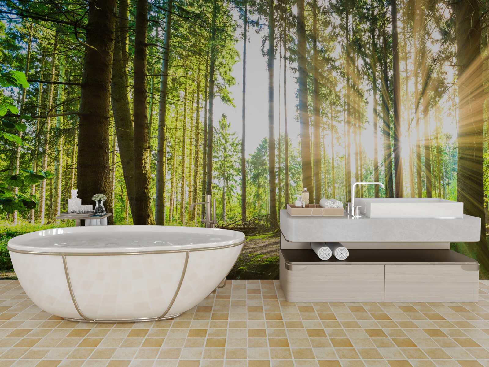 Fototapeta promienie słońca przenikają pomiędzy wysokimi drzewami