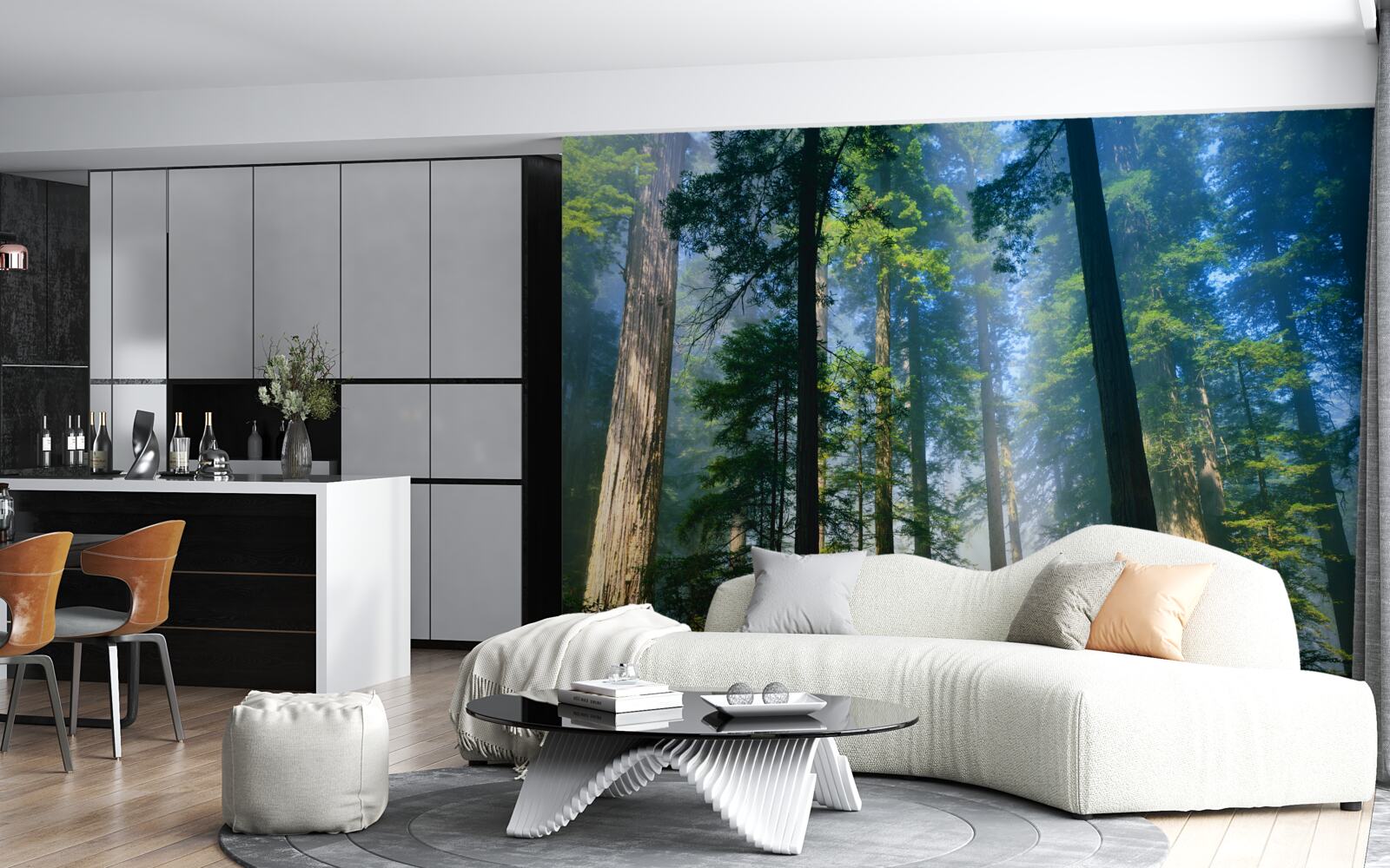 Fototapeta cienka mglista pokrywa wśród wysokich drzew w lesie