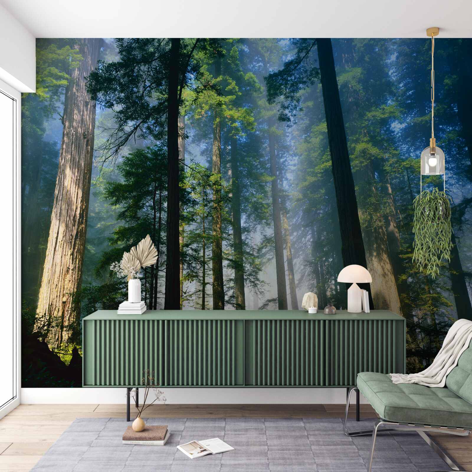 Fototapeta cienka mglista pokrywa wśród wysokich drzew w lesie