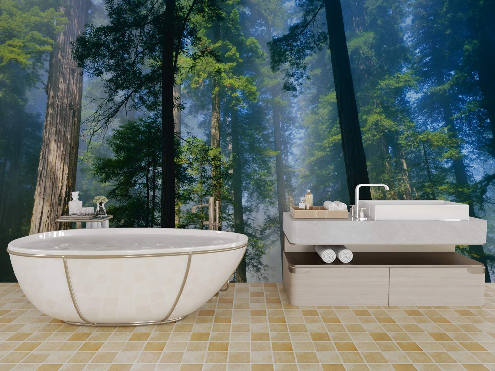 Fototapeta cienka mglista pokrywa wśród wysokich drzew w lesie