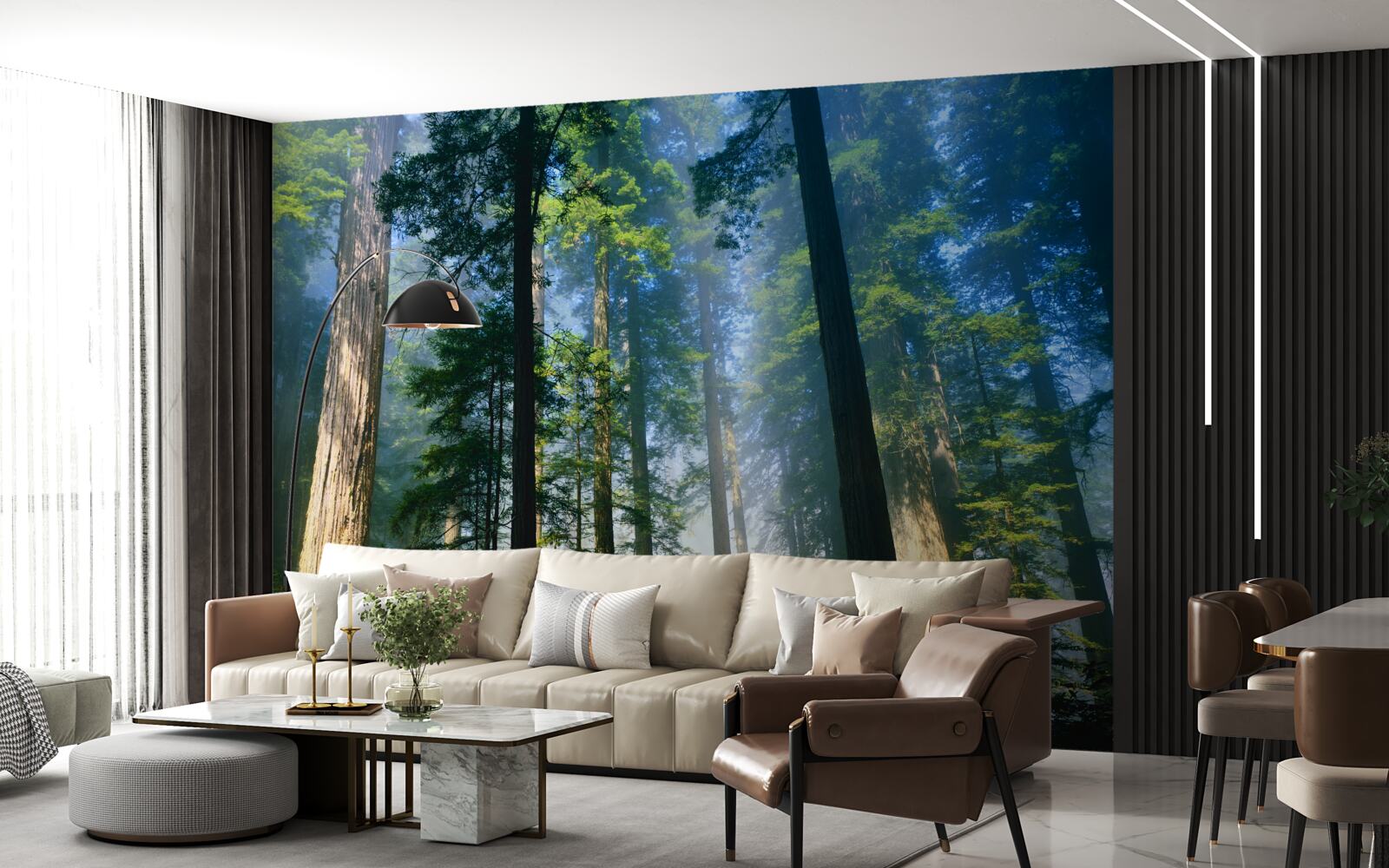 Fototapeta cienka mglista pokrywa wśród wysokich drzew w lesie