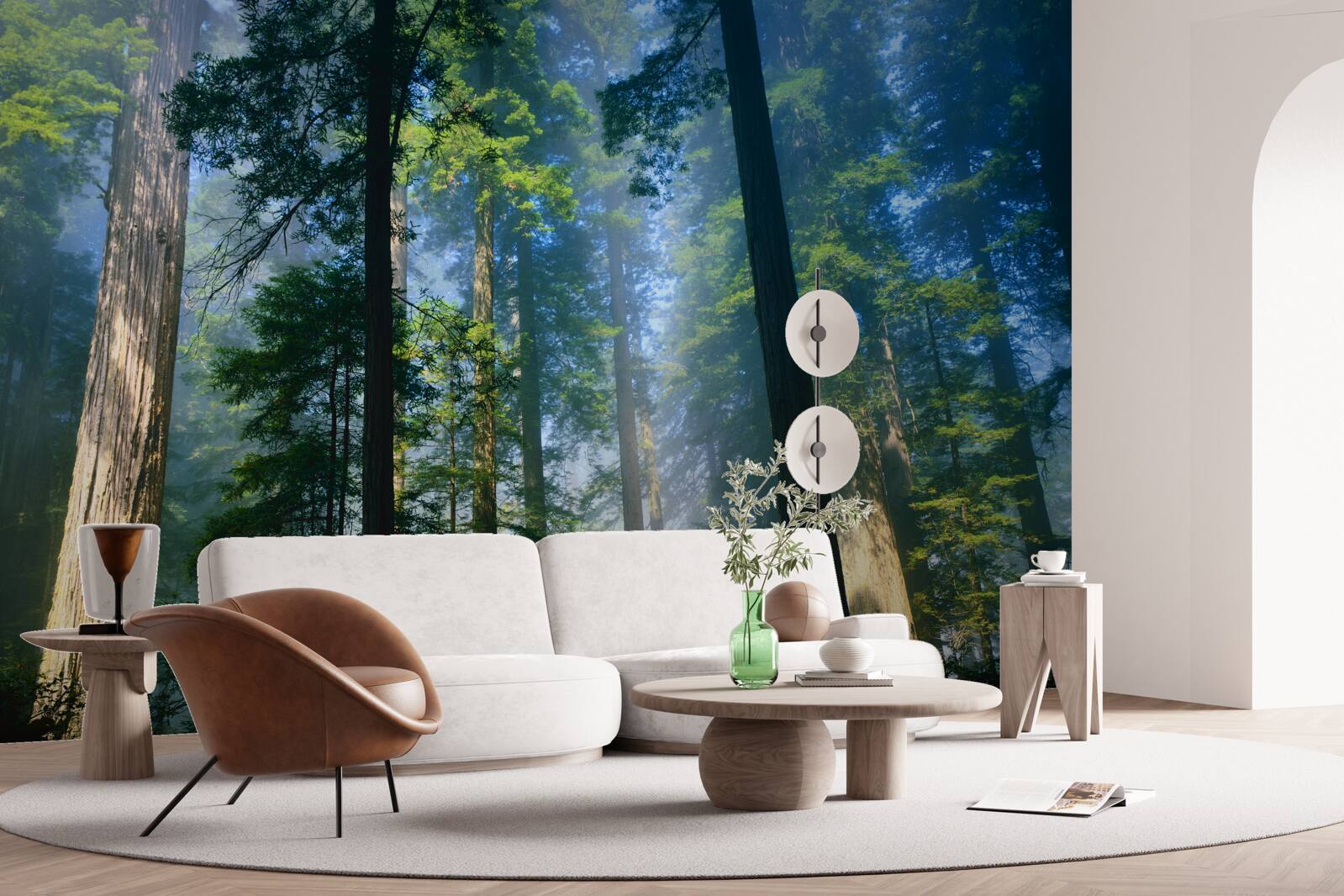 Fototapeta cienka mglista pokrywa wśród wysokich drzew w lesie