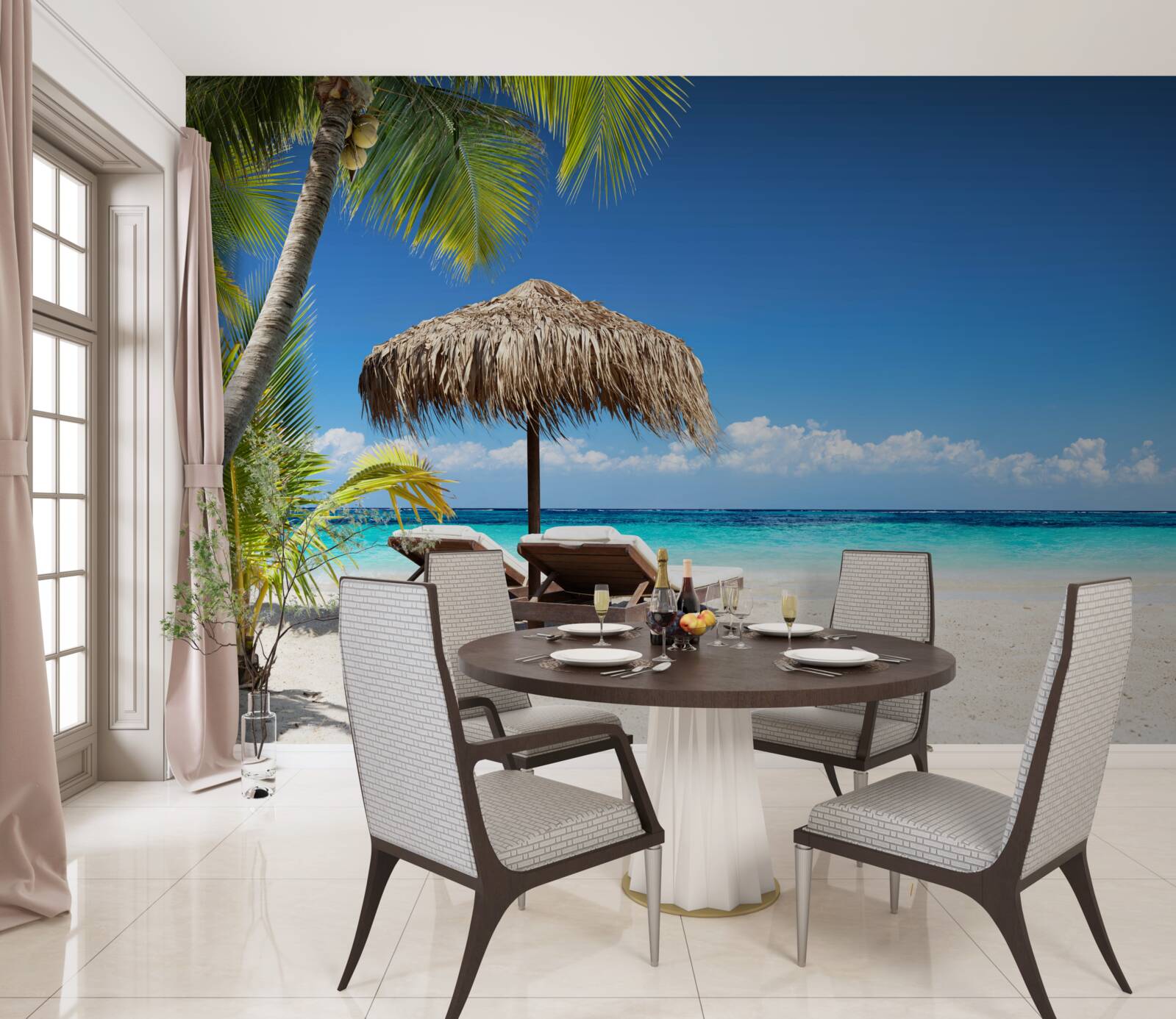 Fototapeta Łóżka plażowe z leżakami