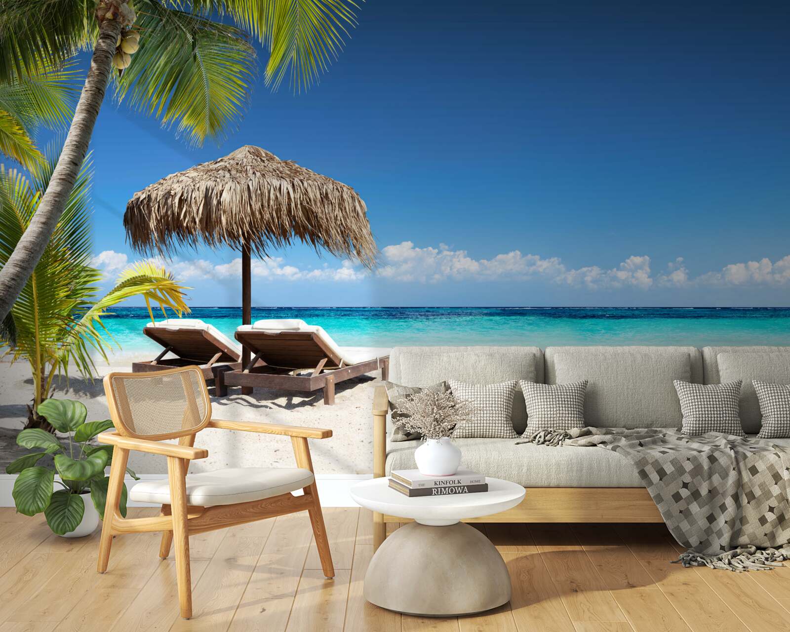 Fototapeta Łóżka plażowe z leżakami