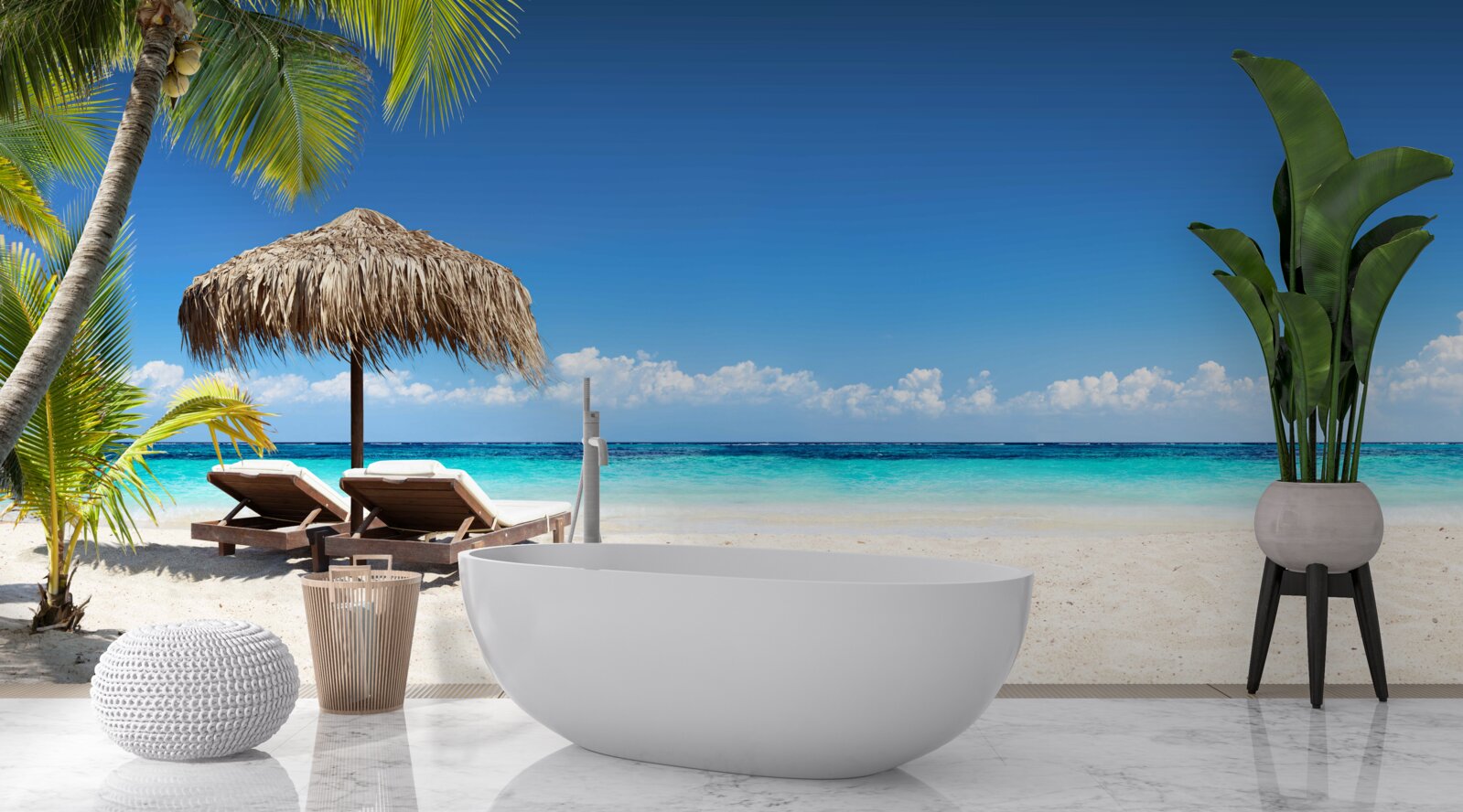 Fototapeta Łóżka plażowe z leżakami