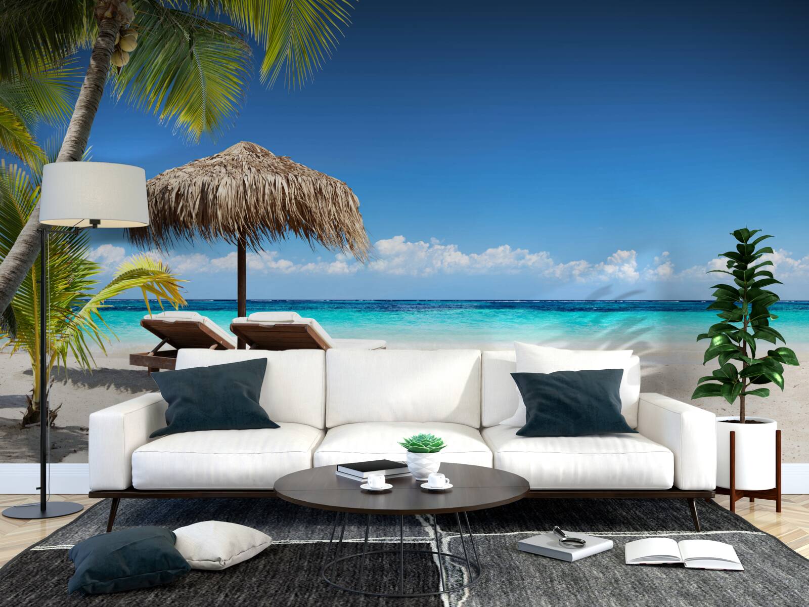 Fototapeta Łóżka plażowe z leżakami